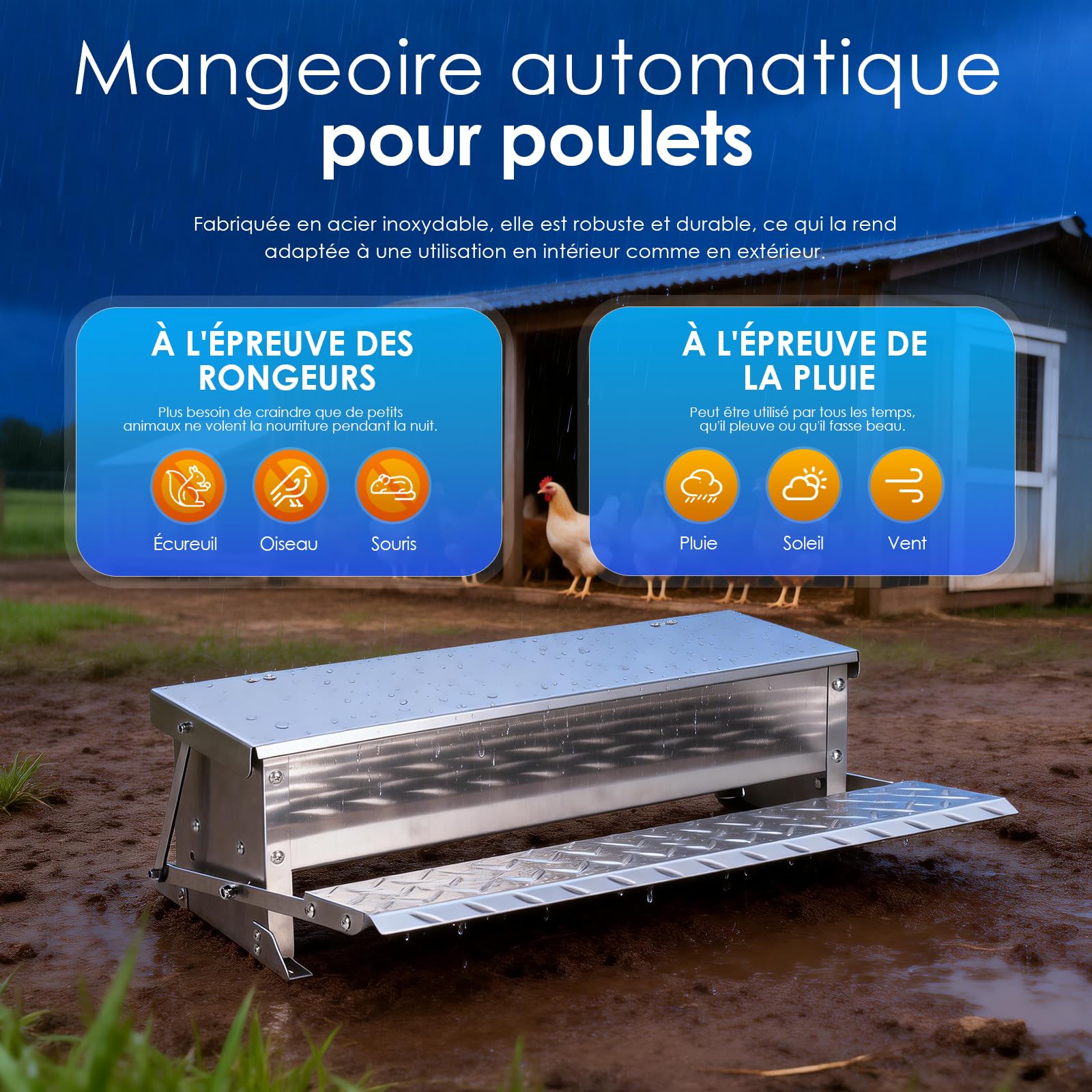Mangeoire Poules Anti Nuisible, Mangeoire à Poulets Automatique Avec Couvercle Anti-Pluie - Capacité 5kg,Distributeur Graines Poules Exterieur,Pour Faisans,Dindes,Canards,Oies Et Autres Volailles