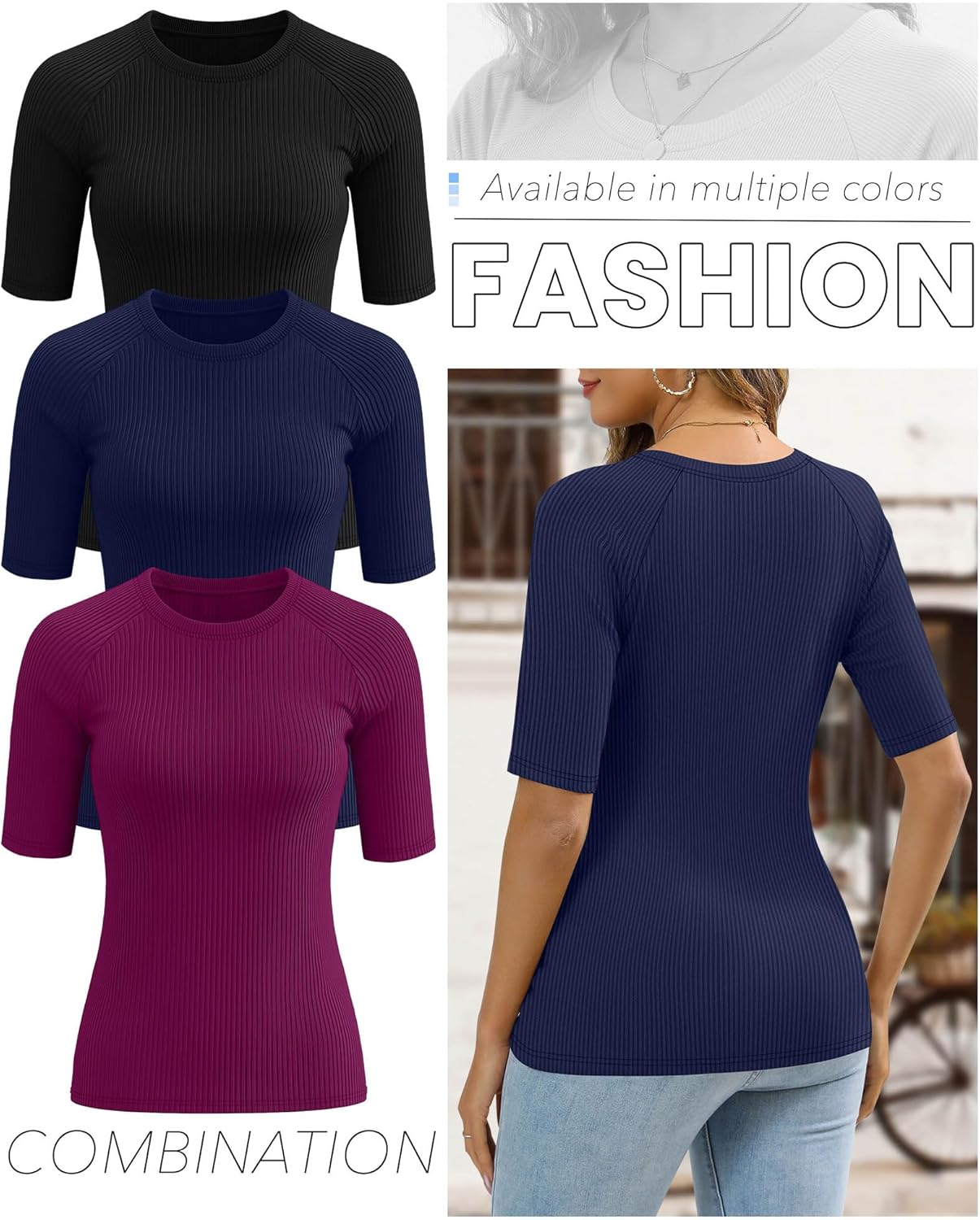 Huukeay 3 Pack Women's Half Sleeve Cotton Ribbed Shirts, Slim Fit Crew Neck Tops Basic Layer Solid Color Summer Work Tees - Image 2