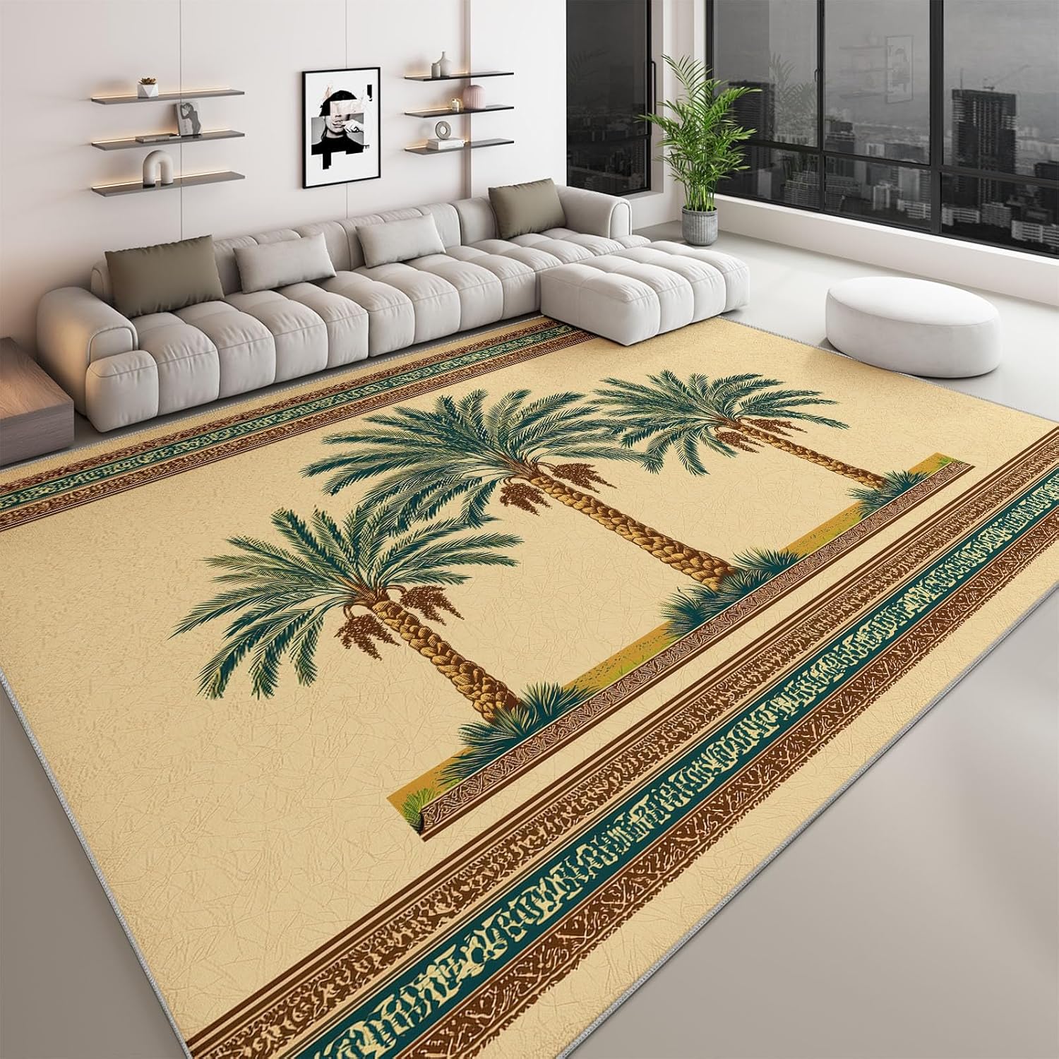 Washable Area Rug 3 x 4 ft, Retro Plants Palm Trees Soft Print Kids Area Rugs for Living Room - Non-Slip Stain Resistance Yellow Indoor Carpet for Bedroom Kid Nursery Playroom
