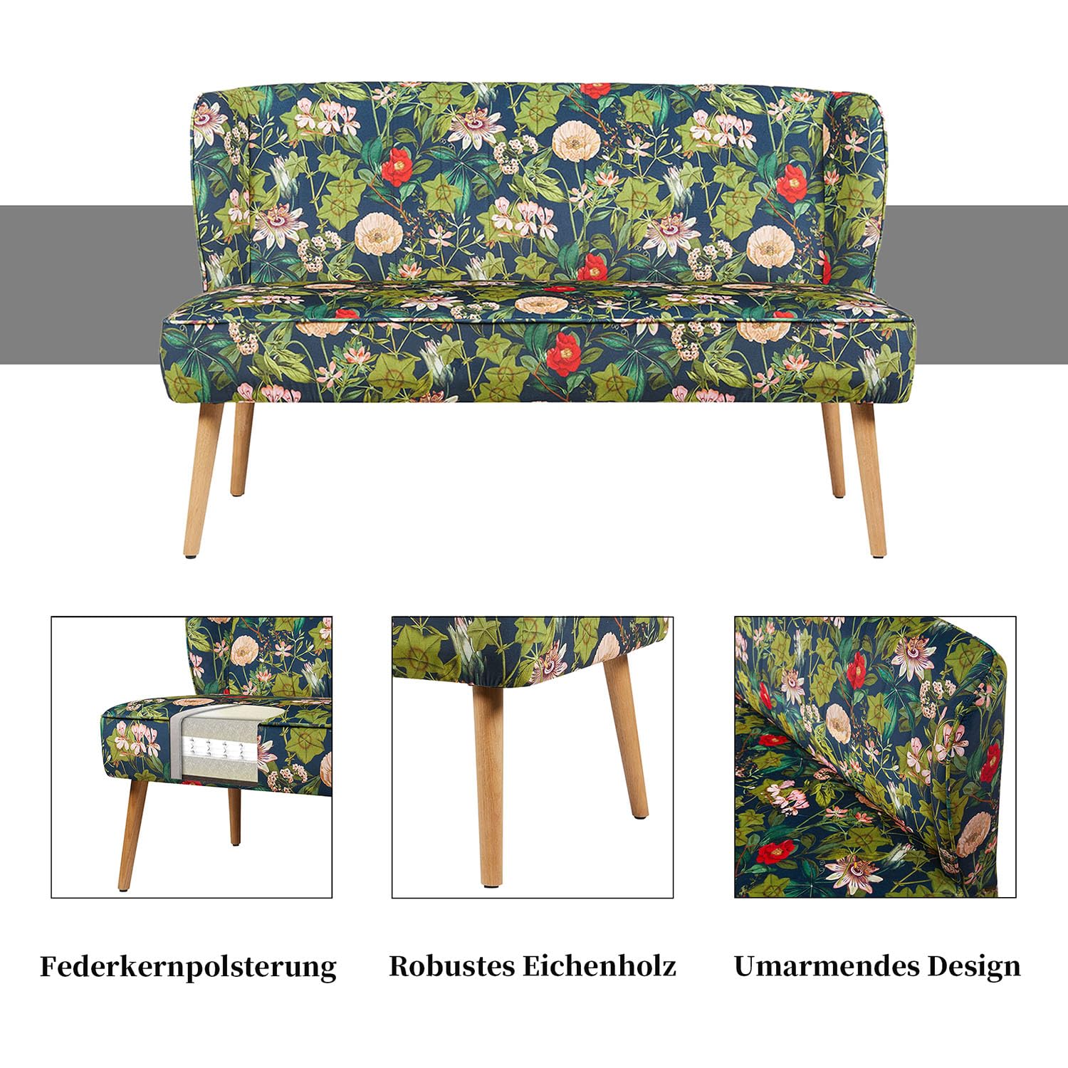 DUBI Möbel Sitzbank Sophia 140 cm mit Federkernpolsterung – Komfortable Esszimmerbank im Blumen-Design – Gepolsterte Küchenbank Dunkelblau Floral – 2-Sitzer Sofa mit Holzbeinen