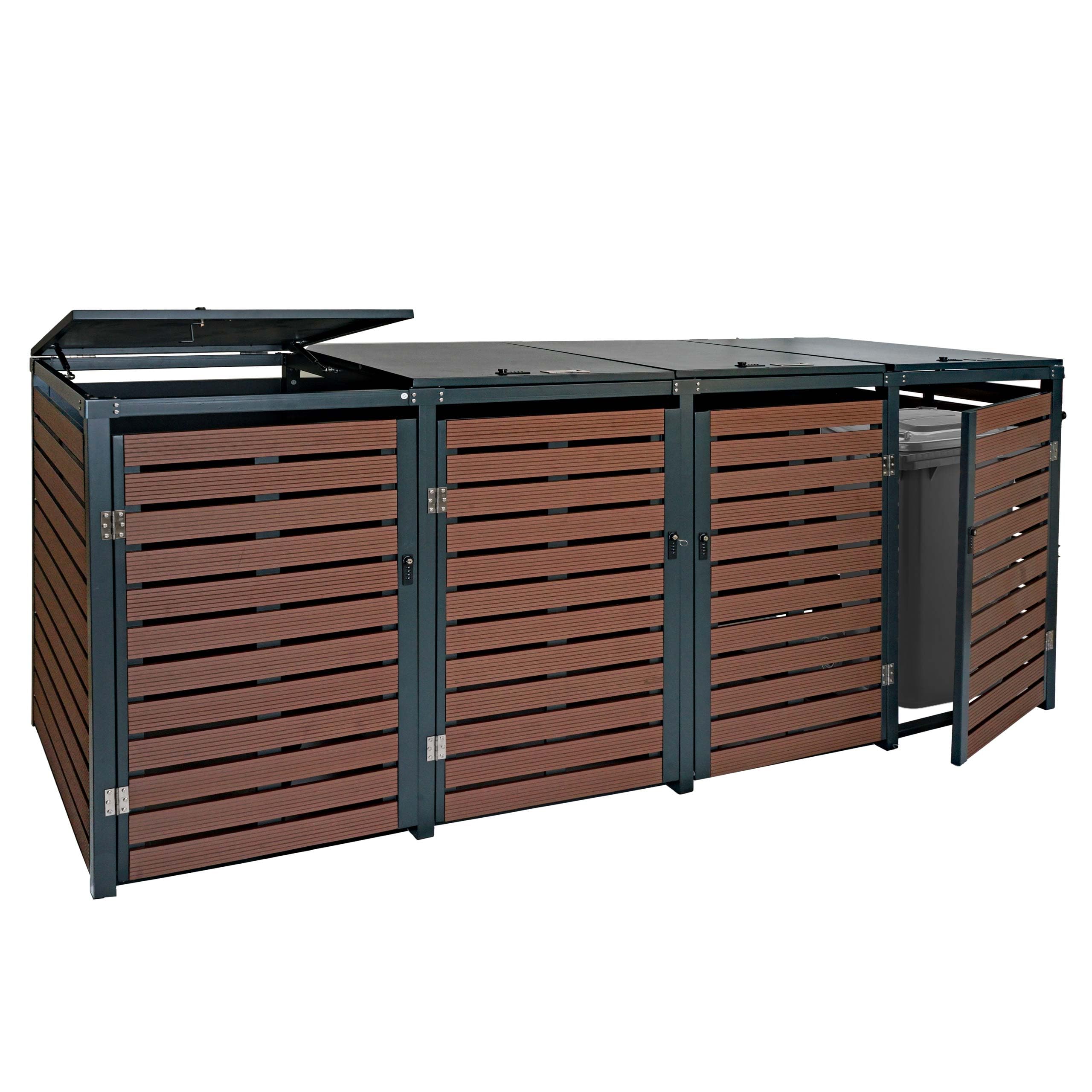 4x copribidoni box spazzatura rifiuti HWC-K14 84x264x119cm metallo WPC marrone