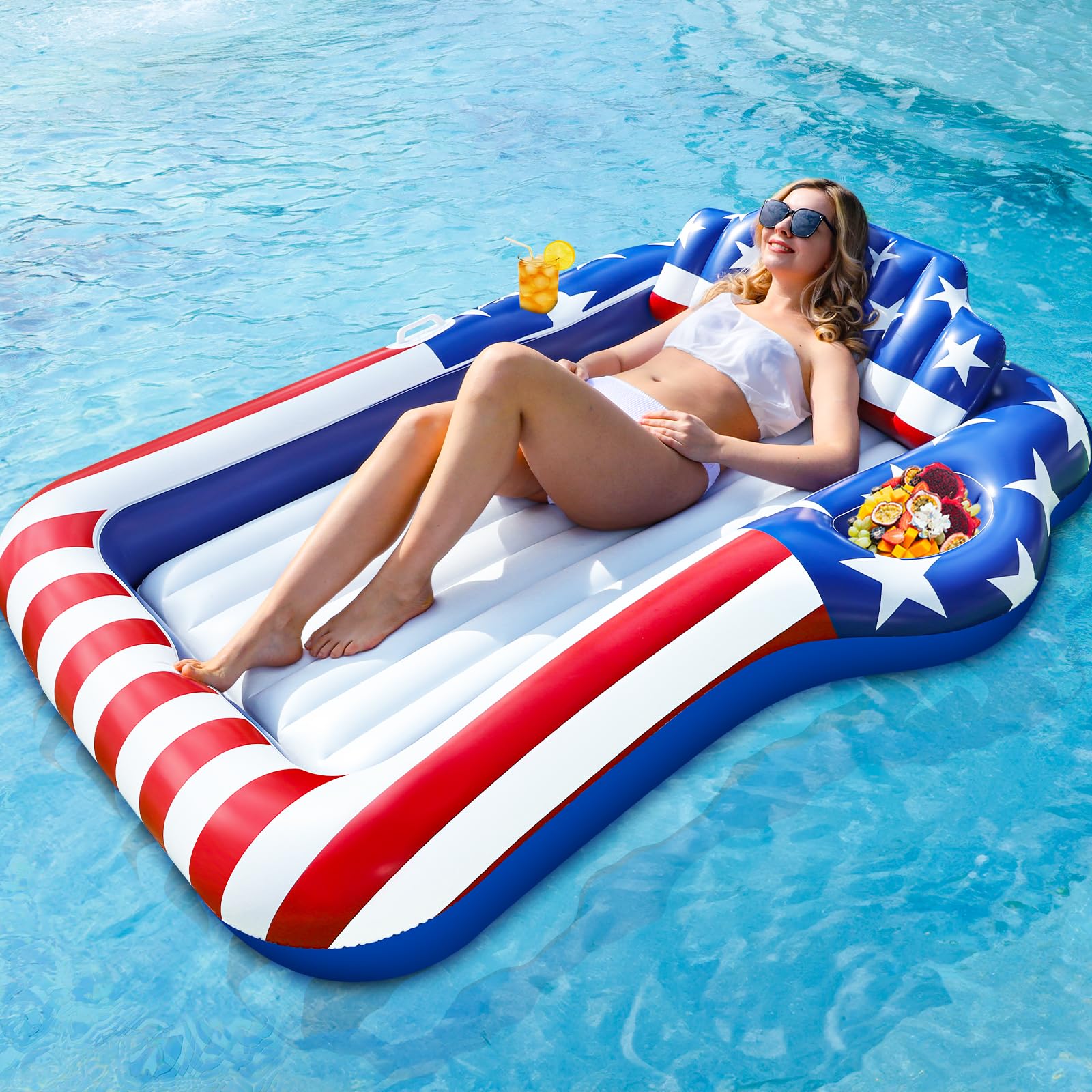 American Flag 4th of July Pool Floats for Adults with Pillow & Cup Holder, 70"x 46" Large Inflatable Tanning Pool Float Lounger, Tanning Bed Pool Floatie Raft for Adult Patriotic Pool Party Beach