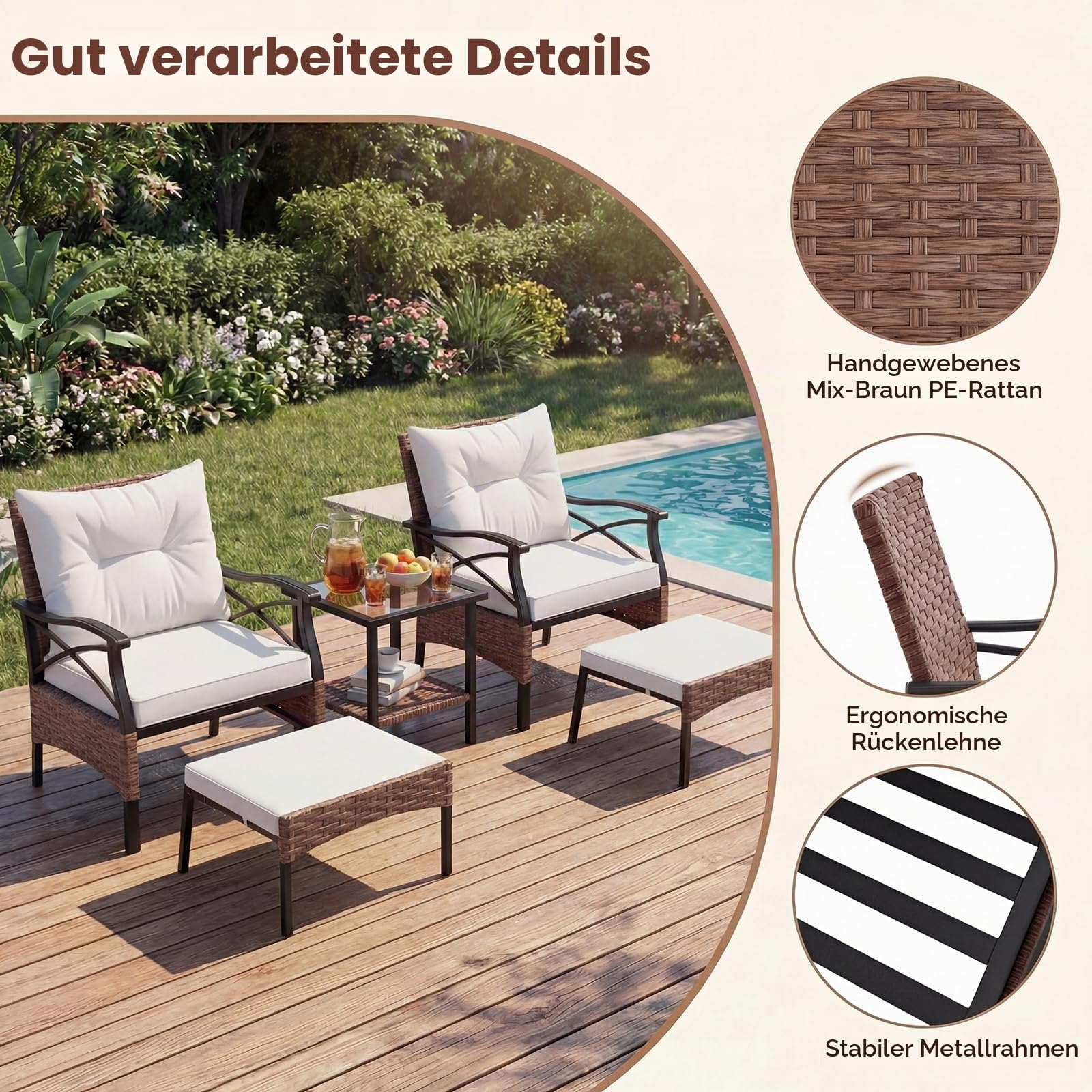 GIANTEX 5-teiliges Rattan Gartenmöbel Set, Balkonmöbel Kleiner 2-4 Personen, Lounge Möbel Outdoor mit Tisch, 2 Sessel, 2 Hocker, inkl. Rückenkissen & Sitzkissen, Terrassenmöbel