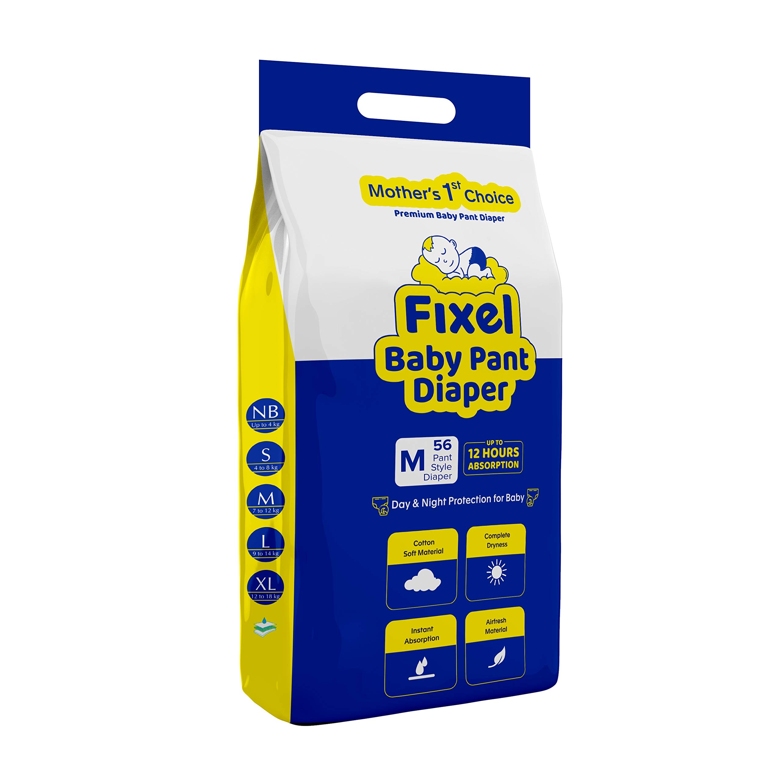 FIXEL Baby Diaper Pants With Wetness Indicator And 12 Hours Absorption ( Medium M-size, 56 Count )