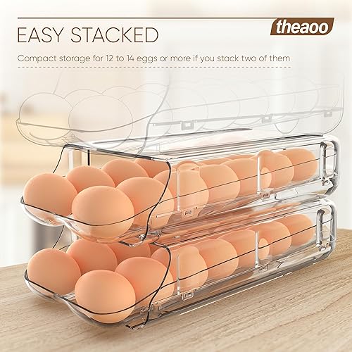 Miniatura 5 de theaoo Soporte para huevos para refrigerador, contenedor automático de huevos para refrigerador, dispensador de huevos de plástico transparente,