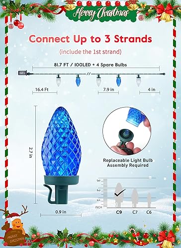 Miniatura 4 de Minetom C9 Luces de Cadena LED de Navidad - 82 pies 100 LED Luces de Cadena para Exteriores con Temporizador y 8 Modos de Iluminación, Luces de Azul
