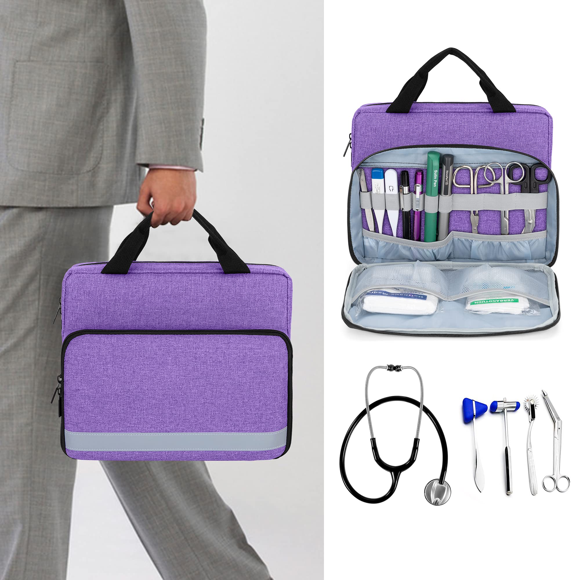 Trunab Bolsa de Estetoscopio Estuche para Estetoscopio Púrpura, Compatible con 3M Littmann/MDF/ADC y Otros Accesorios, Botiquín de Primeros Auxilios Vacío, Bolsa de Farmacia con Varias Bolsitas