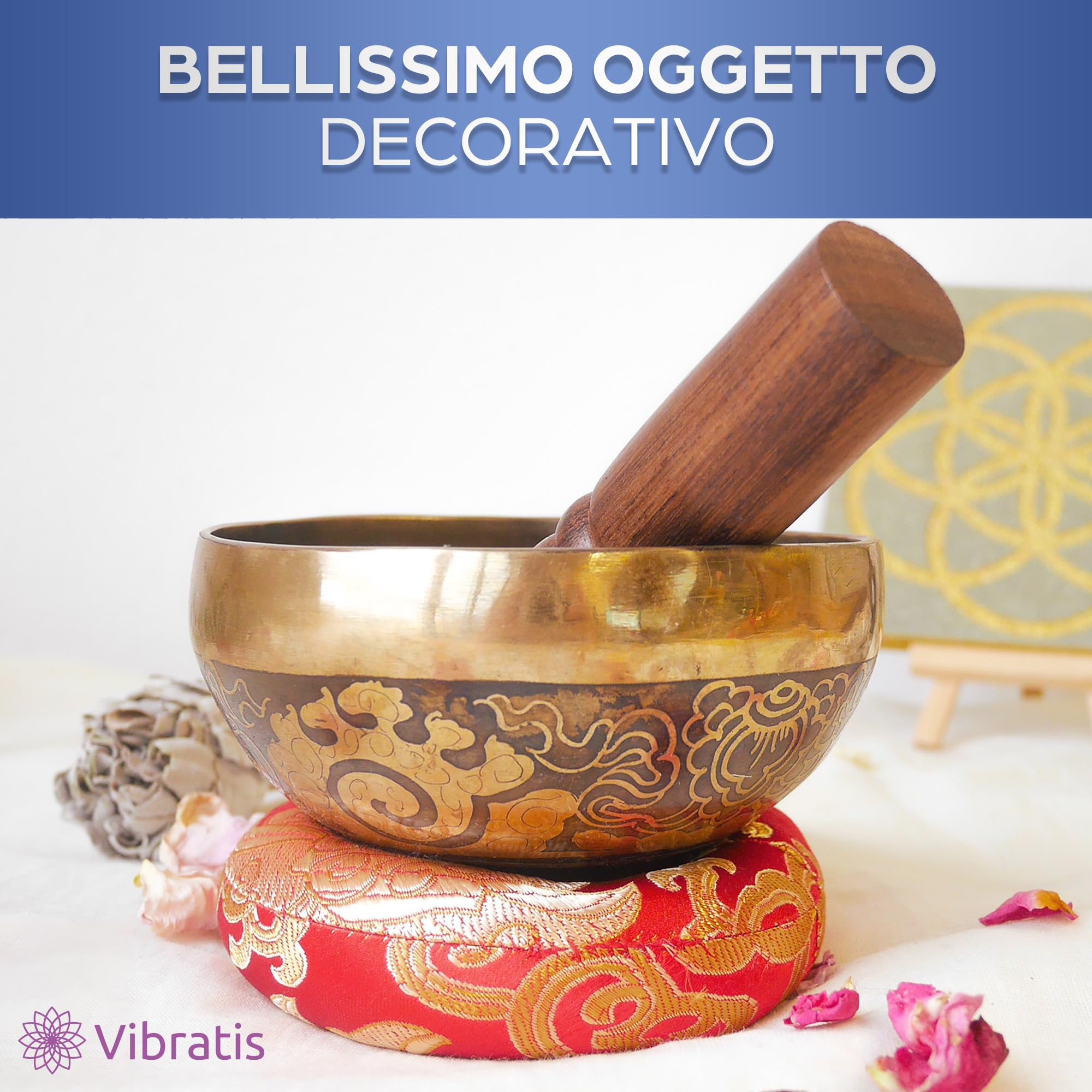Campana Tibetana Artigianale 7 Metalli Fatta a Mano Nepal + Cuscino + Mazzuolo + Scatola Lokta Meditazione Guarigione