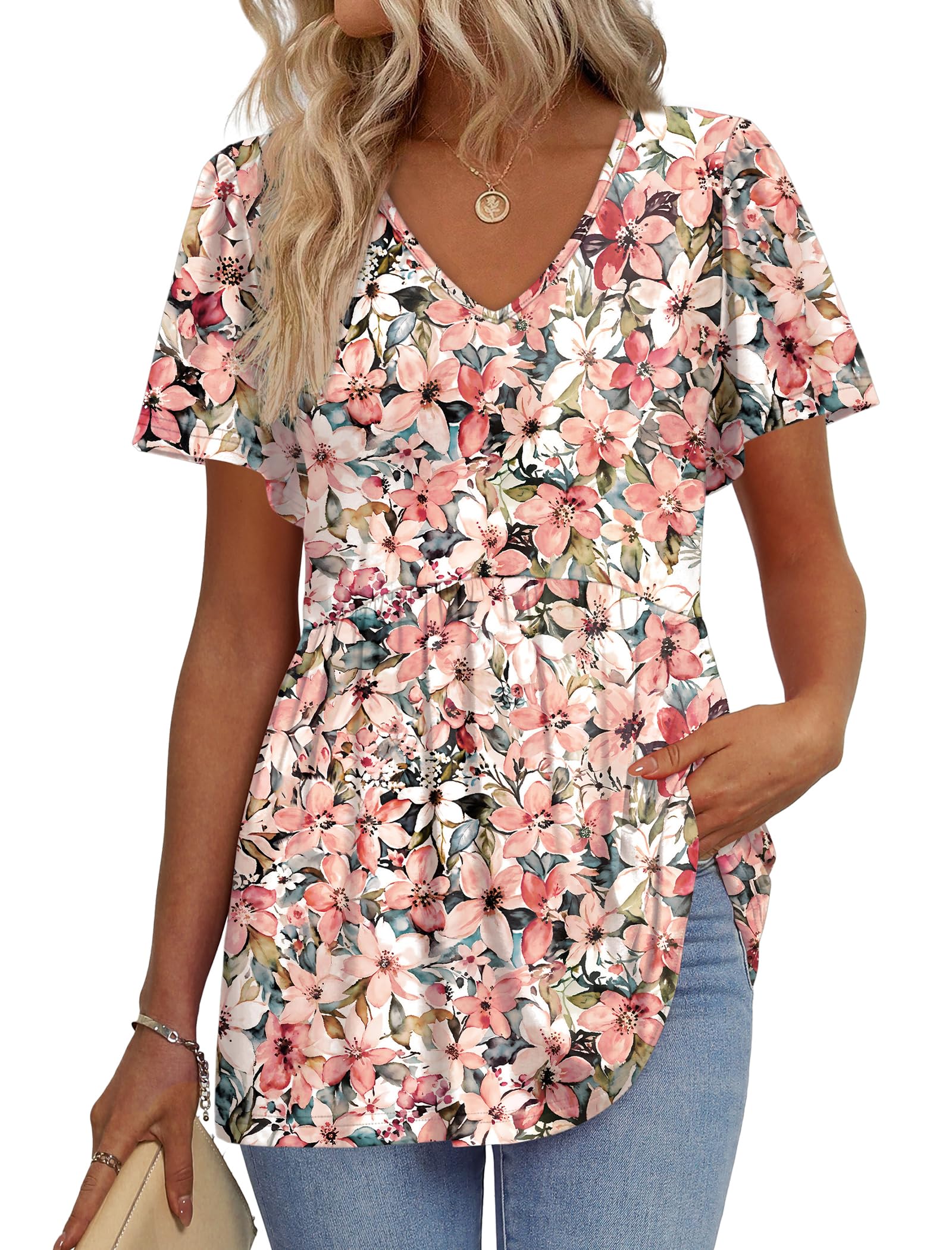 OFEEFAN Womens Summer Tops Babydoll Short Sleeve Shirts Puff Sleeve Peplum Tops V Neck T Shirts