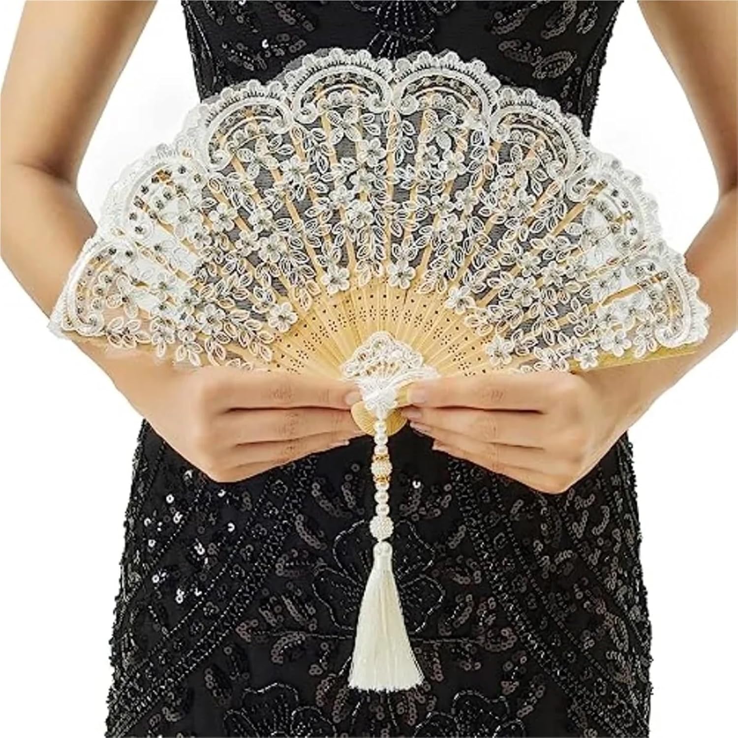 Handheld Embroidered Fans Lace Hand Fan Non-Foldable Vintage Bridal Handheld Fans with Rhinestone and Embroidered