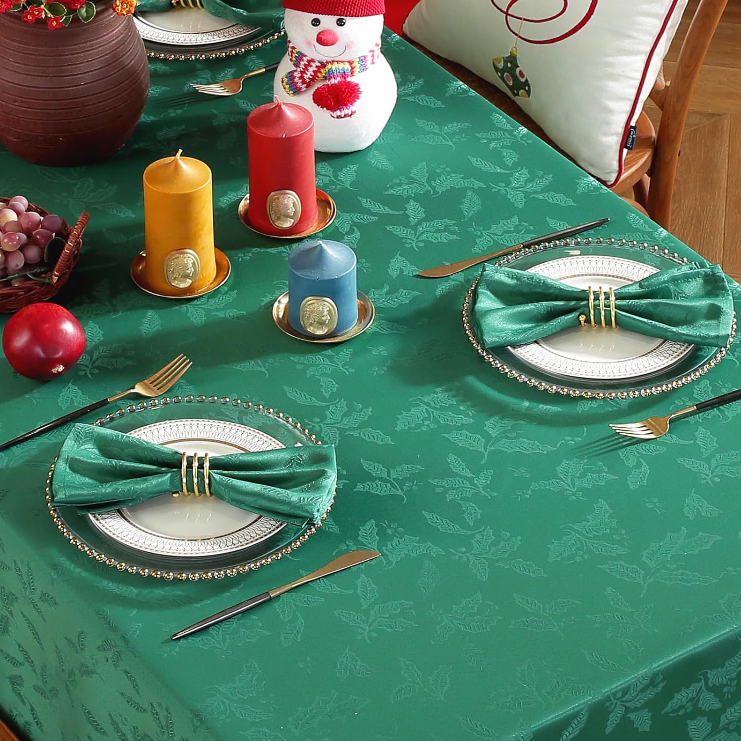 Honellaty Rectangle Christmas Holiday Tablecloth Jacquard Fabric Table Cloth,Winter Holly Berry Leaf Pattern Spill-Proof Table Cover for Family Gathering Dinner Decor 60×102 Inches Green