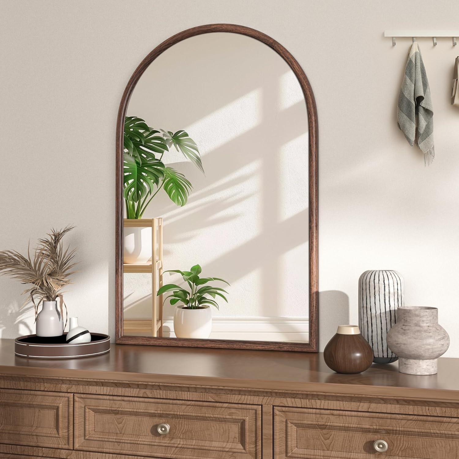 24"x36" Arch Wall Mirror for Wall, Wall Mounted Vanity Mirror for Bedroom, Wood Grain Finish Frame Mirror with Tempered Glass, Vintage Decorative for Bathroom, Entryway, Living Room, Walnut