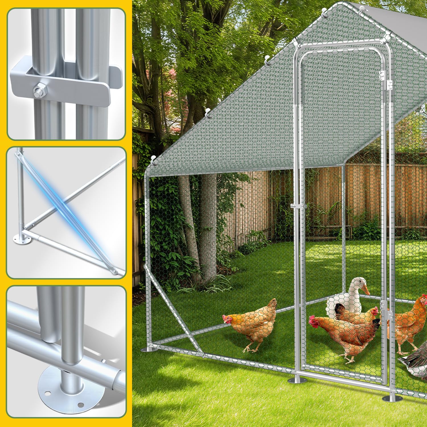 Recinzione a ruota libera 3 x 4 x 2 m – Cabina pollaio in acciaio zincato per piccoli animali domestici con tetto parasole e porta per gabbia per