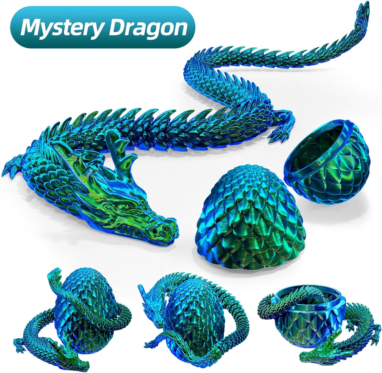 2 Pack 12" 3D Printed Dragons with Eggs, Easter Basket Stuffers, Large Prefilled Eggs Set for Kids Easter Egg Hunt, 3D Printer Animals with Fidget Toys for Boys Girls Age 4-6 5-7 8-12 (Eastern Dragon)