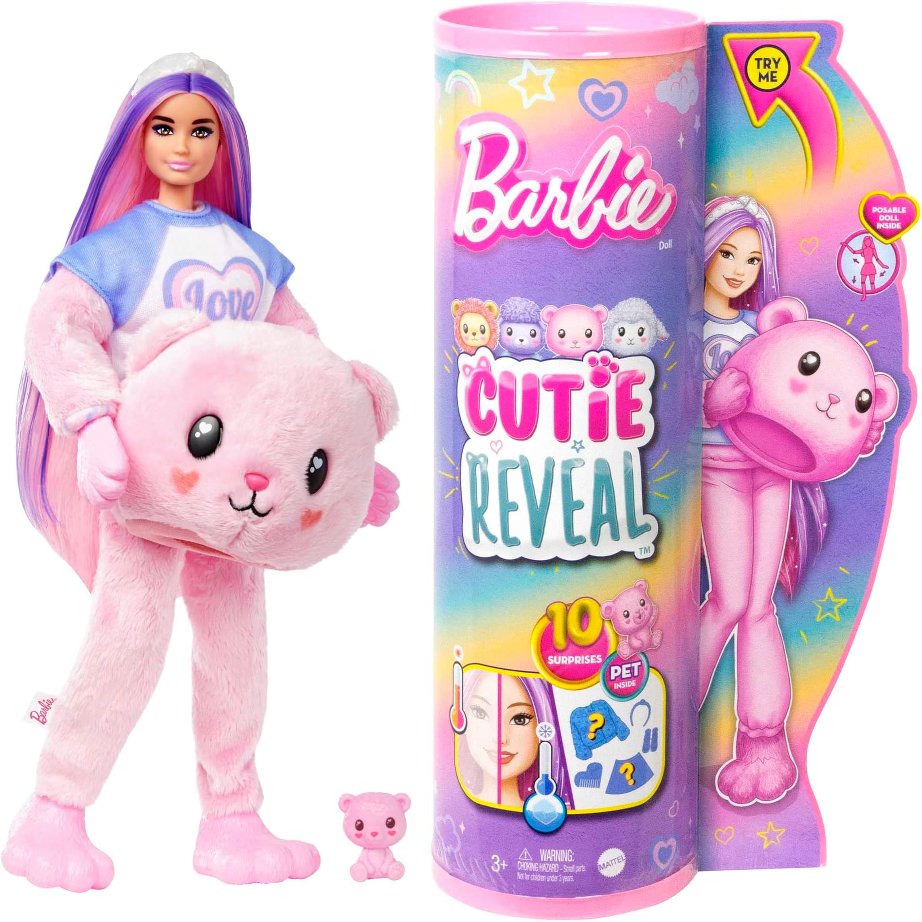Barbie Cutie Reveal Doll & Accessories, Cozy Cute Tees Teddy Bear in “Love” T-shirt, Purple-Streaked Pink Hair & Brown Eyes