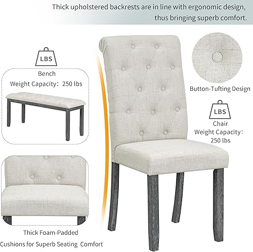 Miniatura 7 de LUMISOL Juego de mesa de comedor de 6 piezas con banco, mesa de cocina de granja con 4 sillas tapizadas copetudas y banco, juego de mesa de comedor