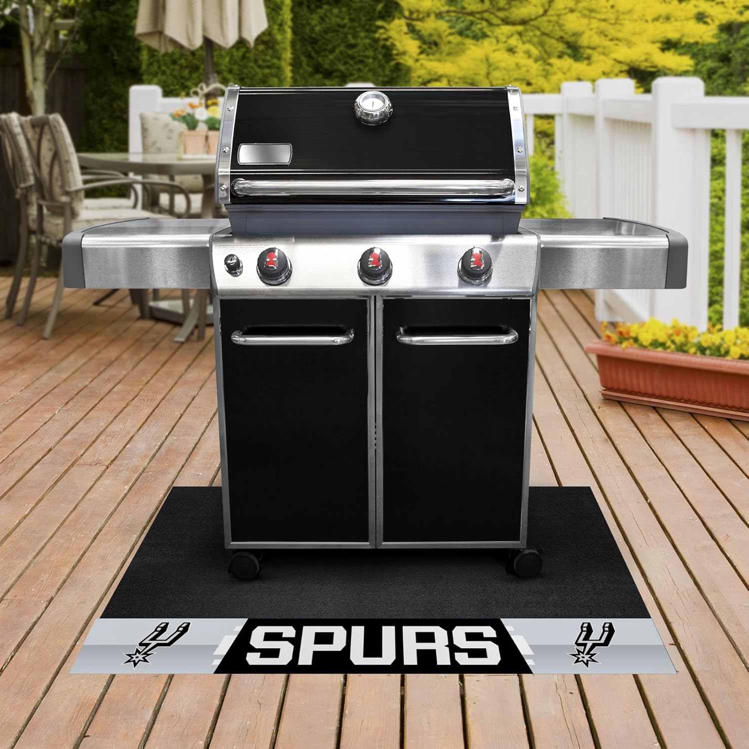 FANMATS 14221 San Antonio Spurs Vinyl Grill Mat - 26in. x 42in. - Deck Patio Protective Mat | Oil, flame, and UV resistant