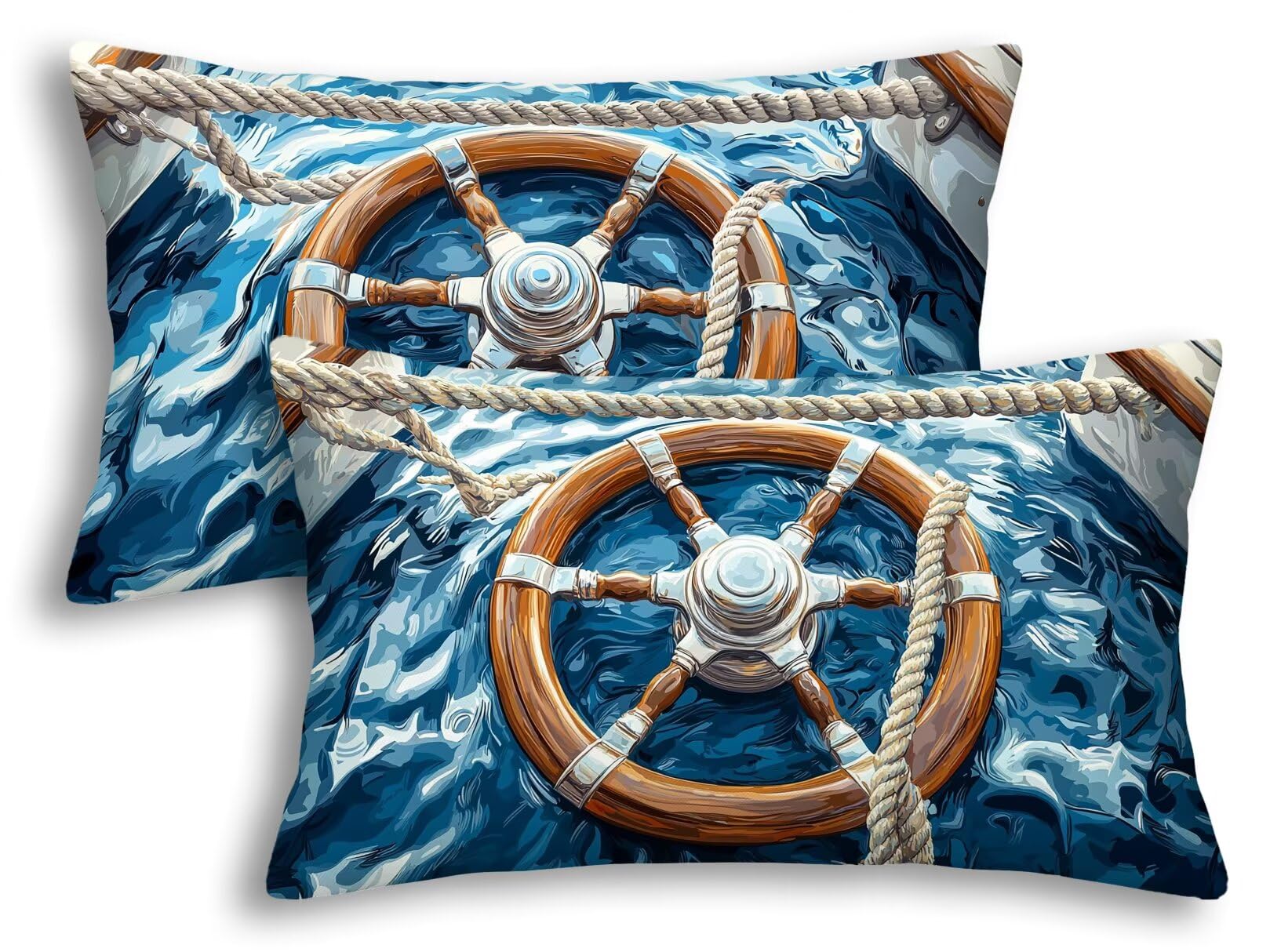 Housse coussin 50x80 bleu en velours pour décorer le canapé du salon style bord de mer