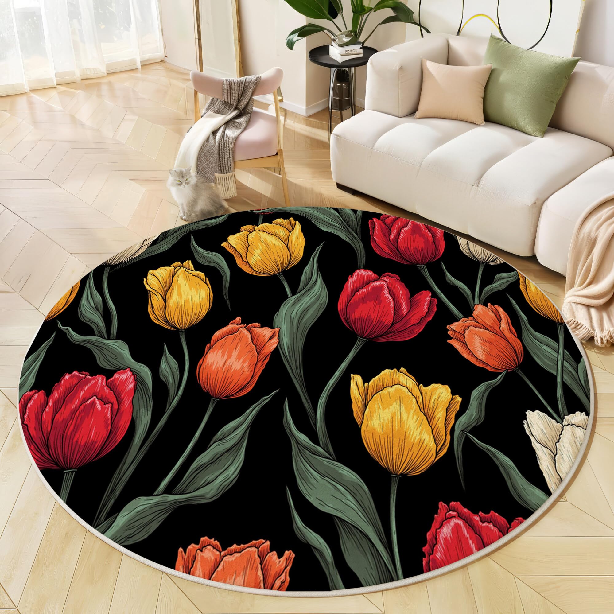 Tapis rond salon tulipes rétro pour sublimer votre balcon et chambre