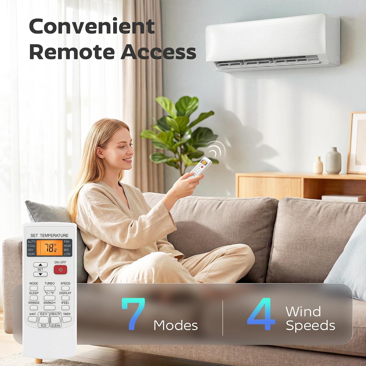Person using the remote control for the HOMCOM Mini Split AC/Heating System, showing the remote's layout with buttons for 7 modes and 4 wind speeds.