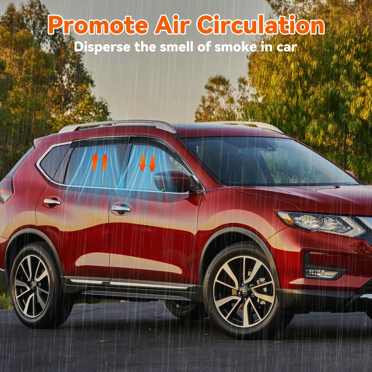 Set of 4 Smoke Tint with Chrome Trim Window Visors Compatible with 2021-2025 Rogue, Sun Rain Guard Vent Outside Mount Tape On/Clip On Style PVC 4 Pcs