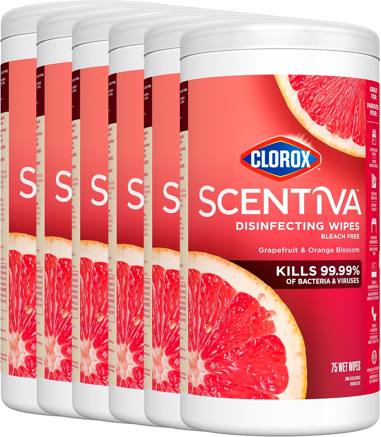 Clorox™ Scentiva™ Disinfecting Wipes, Bleach Free, Grapefruit & Orange Blossom, Multi-Pack of 6/75ct Wipes