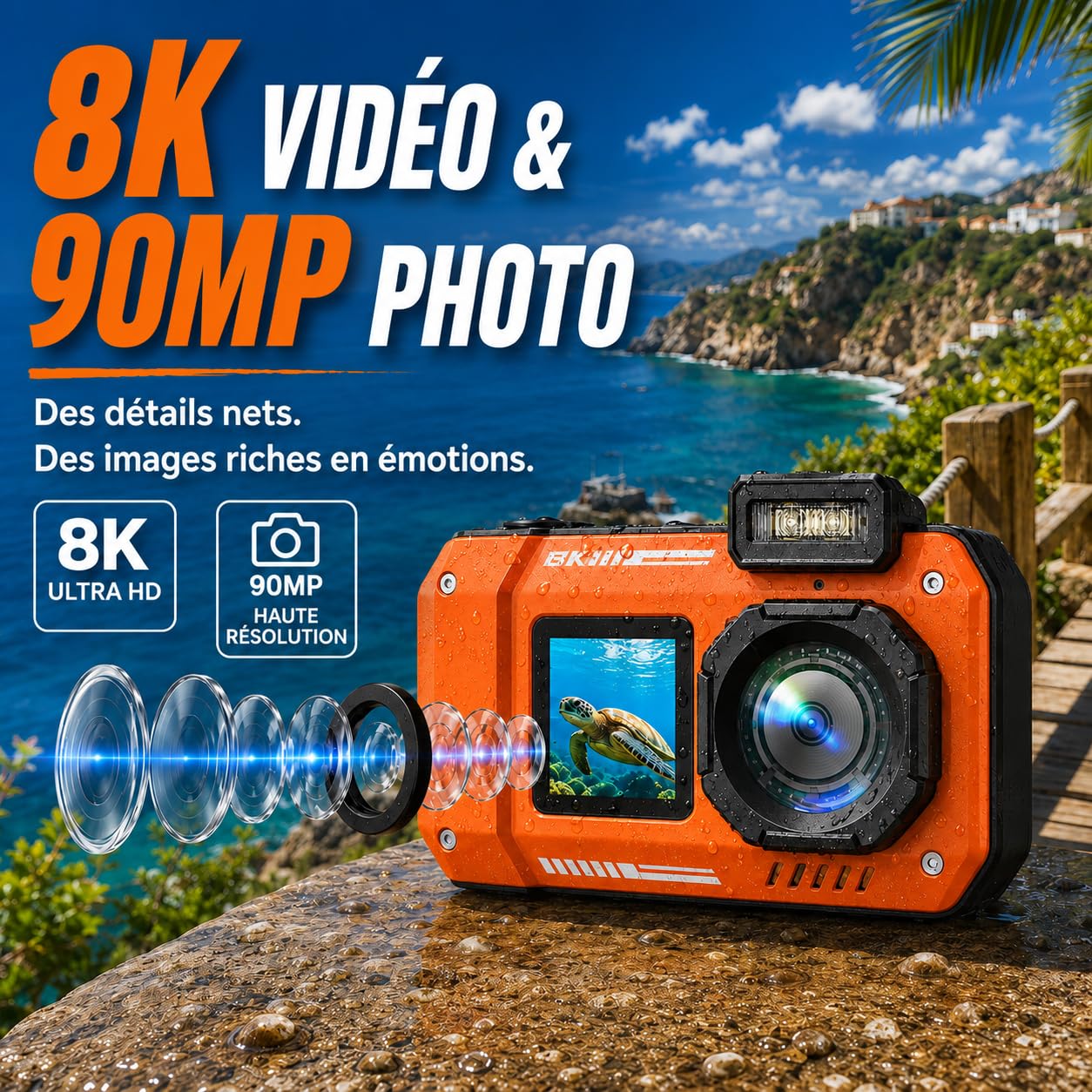 MaxMango D50 33FT Appareil Photo Numérique Etanche，8K 70MP Caméra sous-Marine avec 16 Go de Stockage, Double écran 18x, Résistante à la Poussière et Aux Chocs, Autofocus - Orange