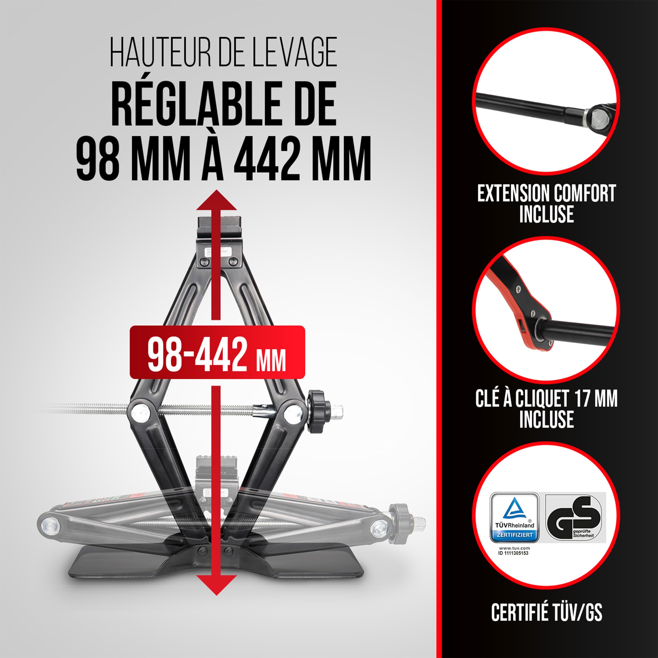 HEYNER® Cric à Ciseaux 2 t pour VW ID.3 Gen 1 (2019, FL 2023) - Patin en Caoutchouc à 360° avec âme métallique de 4 mm, Course 98-442 mm, cliquet et manivelle de 17 mm, rallonge Comfort, Acier Q235
