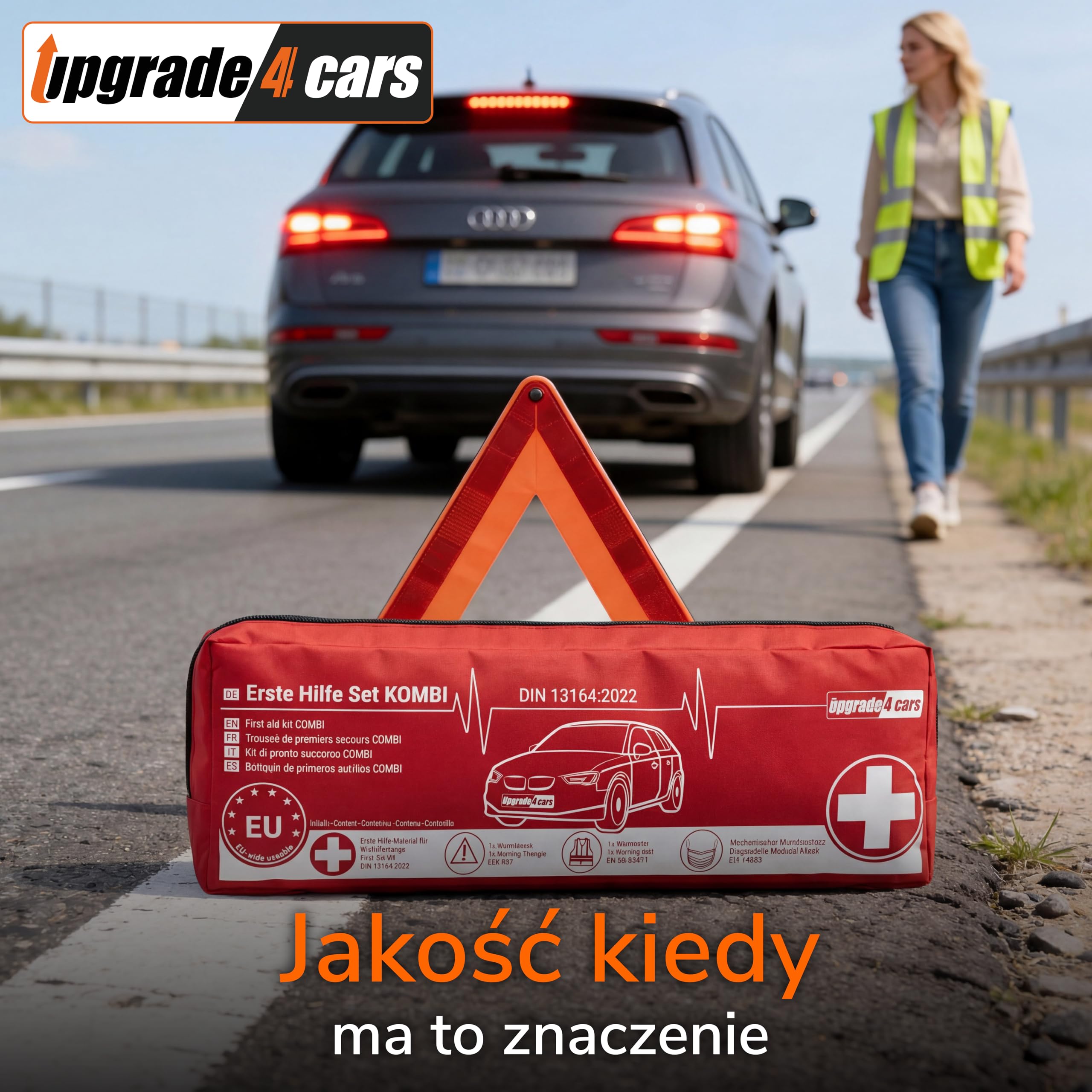 2 x Upgrade4cars Apteczka Samochodowa 2026 z Trójkątem Ostrzegawczym i Kamizelką Odblaskową Zgodna z Normą DIN 13164 Ważna w Całej Europie Zestaw Pierwszej Pomocy Wyposażenie Auta