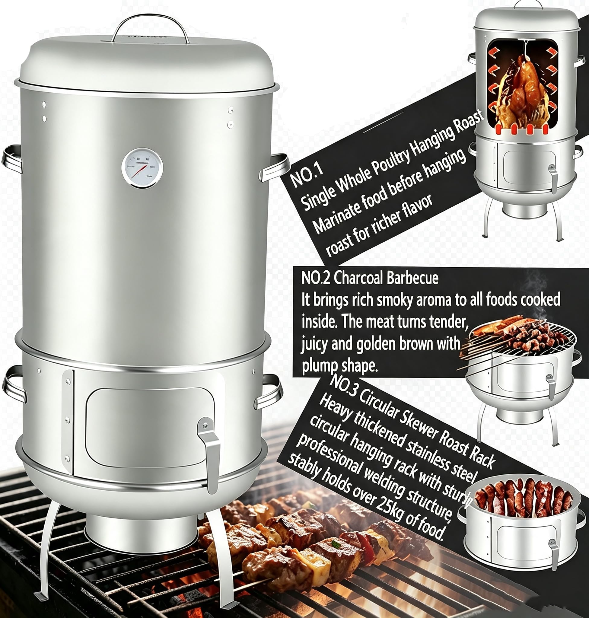 Barbecue A Carbone 3 in 1 con Termometro | Barile Arrostire Carne, Pollame Intero, Spiedini Circolari, Griglia Piatta, 3 Modalità Cottura, Ideale Per Patio E Campeggio