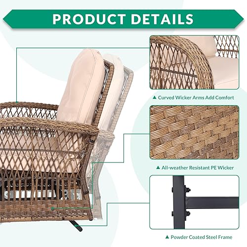 Miniatura 3 de VIVIJASON Silla mecedora de mimbre para exteriores, 2 piezas, sillas mecedoras de ratán para patio con cojines y marco de acero, muebles de mimbre