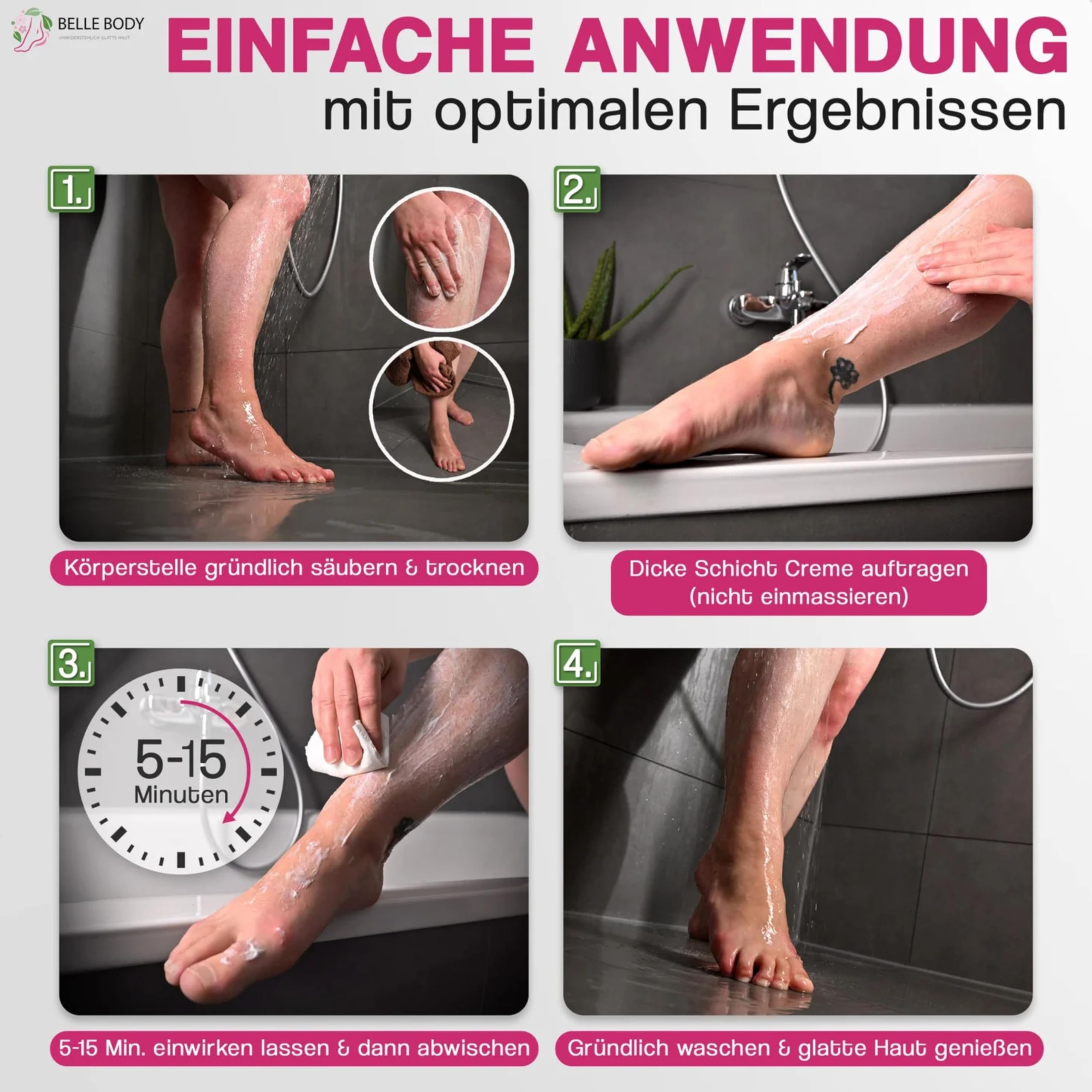 Belle Body Enthaarungscreme - Schnell, Schmerzfrei, Langanhaltend Haare weg | Enthaarungscreme für Gesicht, Achseln, Intimbereich - Sanft, ohne Rasurbrand & Pickel - Vegan - Für alle Hauttypen - 1x100ml