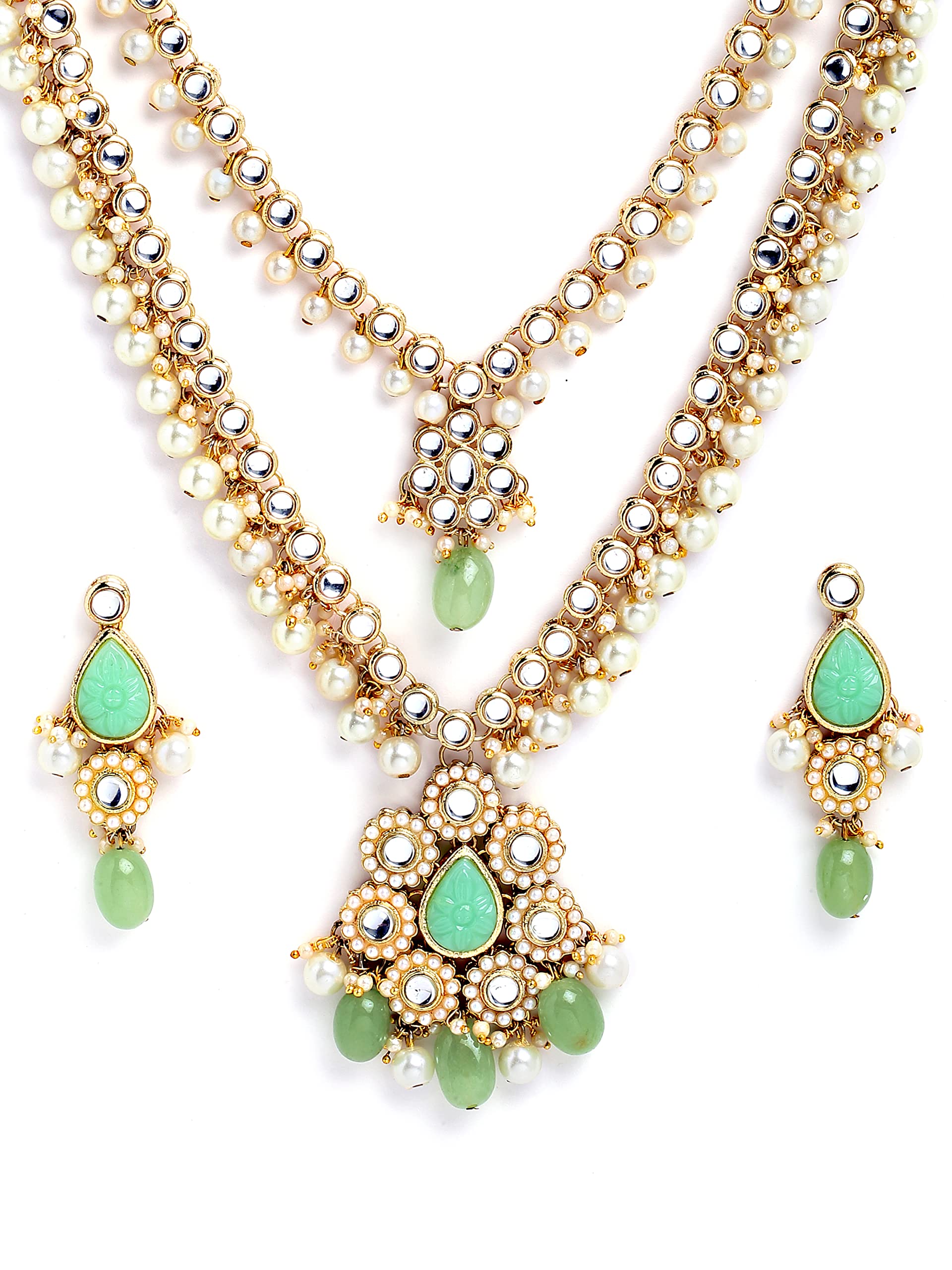 KaratcartGold Plated Light Green Tumble and Pearl Rani Haar Necklace Set for Women