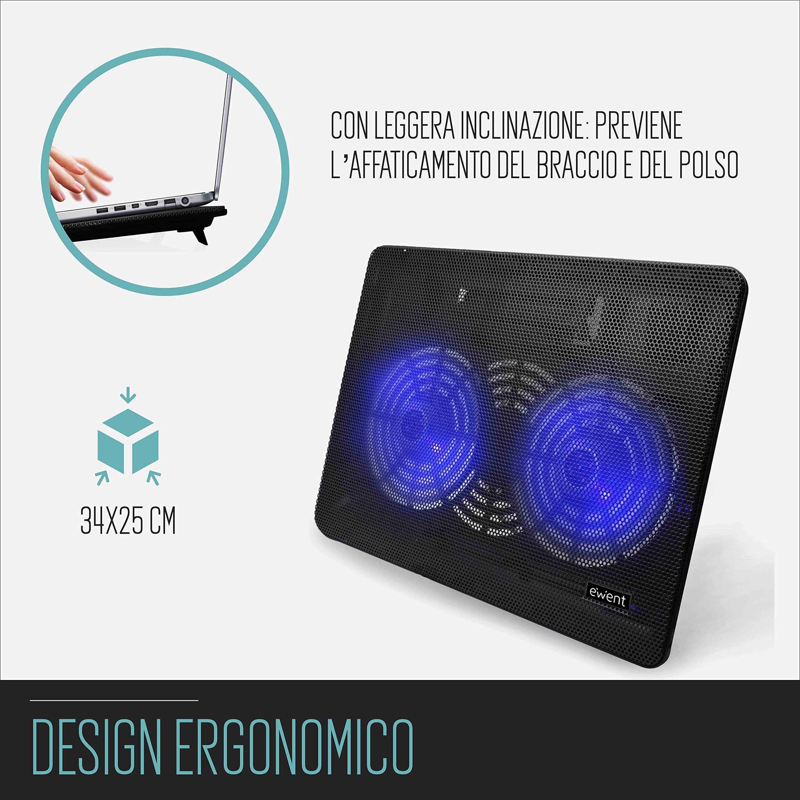 Ewent EW1256 Pad di raffreddamento a 2 ventole per Notebook fino a 17", Nero 34 x 25 x 2 cm