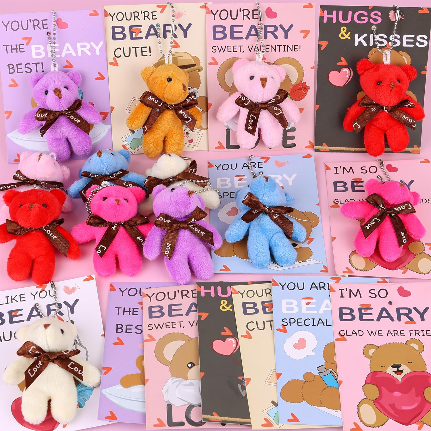 28 Pack Valentines Day Gifts for Kids Classroom Valentines Cards for Kids School Mini Bear Plush Toys Keychains Valentines for Class Valentines Exchange Cards Valentine Party Favors Prizes Girls Boys