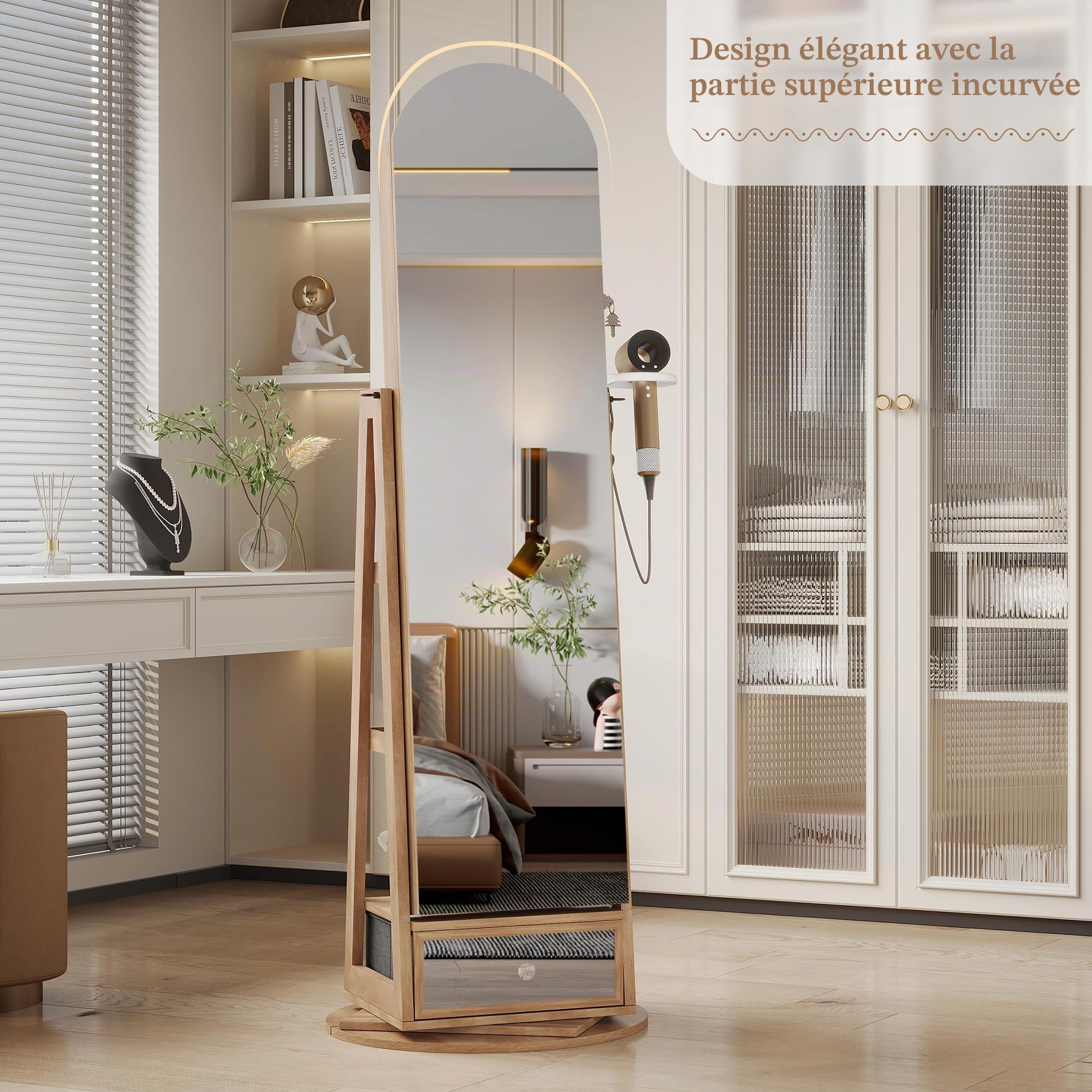 LVSOMT LED Armoire à bijoux avec Miroir Arqué, Rotative à 360 Armoire Bijoux Miroirs avec éclairage, Grande Arc Miroirs sur pied avec Rangement de bijoux, Miroir Bijoux Bois Verrouillable, Bois Marron