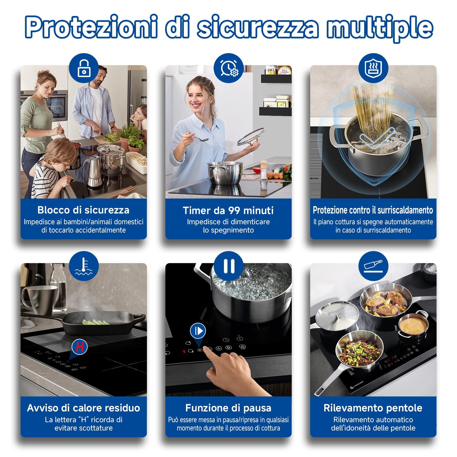 Piano cottura a induzione AMZCHEF da 60 cm con 4 zone boost flessibili, 9 livelli, funzione warm up e STOP + GO, 7400W, touchscreen, blocco di sicurezza e timer