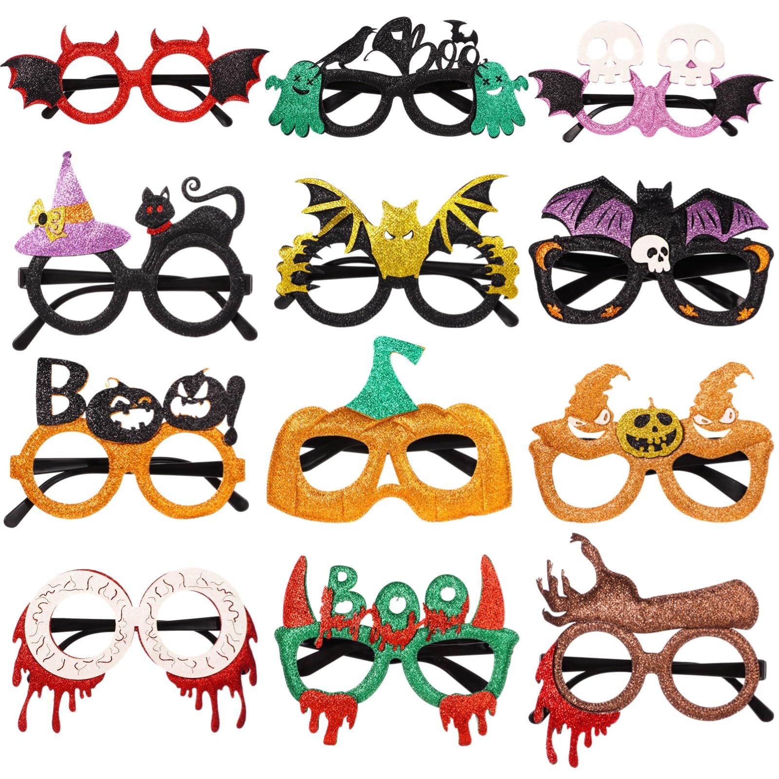 Generisch 12 Stk. Halloween Brillen, Glitzer Partybrillen für Halloween, ausgefallene Brillen für Teenager und Erwachsene, lustige Brillengestelle, Foto Requisiten und Partygeschenke für Mottopartys