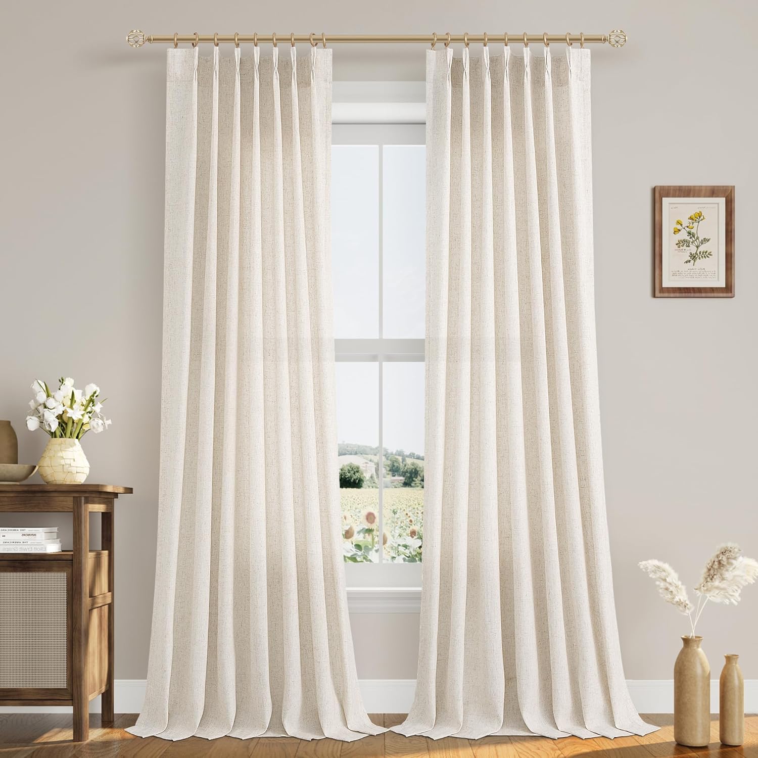 102 Inch Long Curtains Pinch Pleat Linen Curtains for Living Room 2 Panels Set Natural Cream Semi Sheer Light Filtering Boho Neutral 102 Inch Pleated Curtain with Hooks Floor Ceiling Bedroom Window W40xL102 Natural Linen
