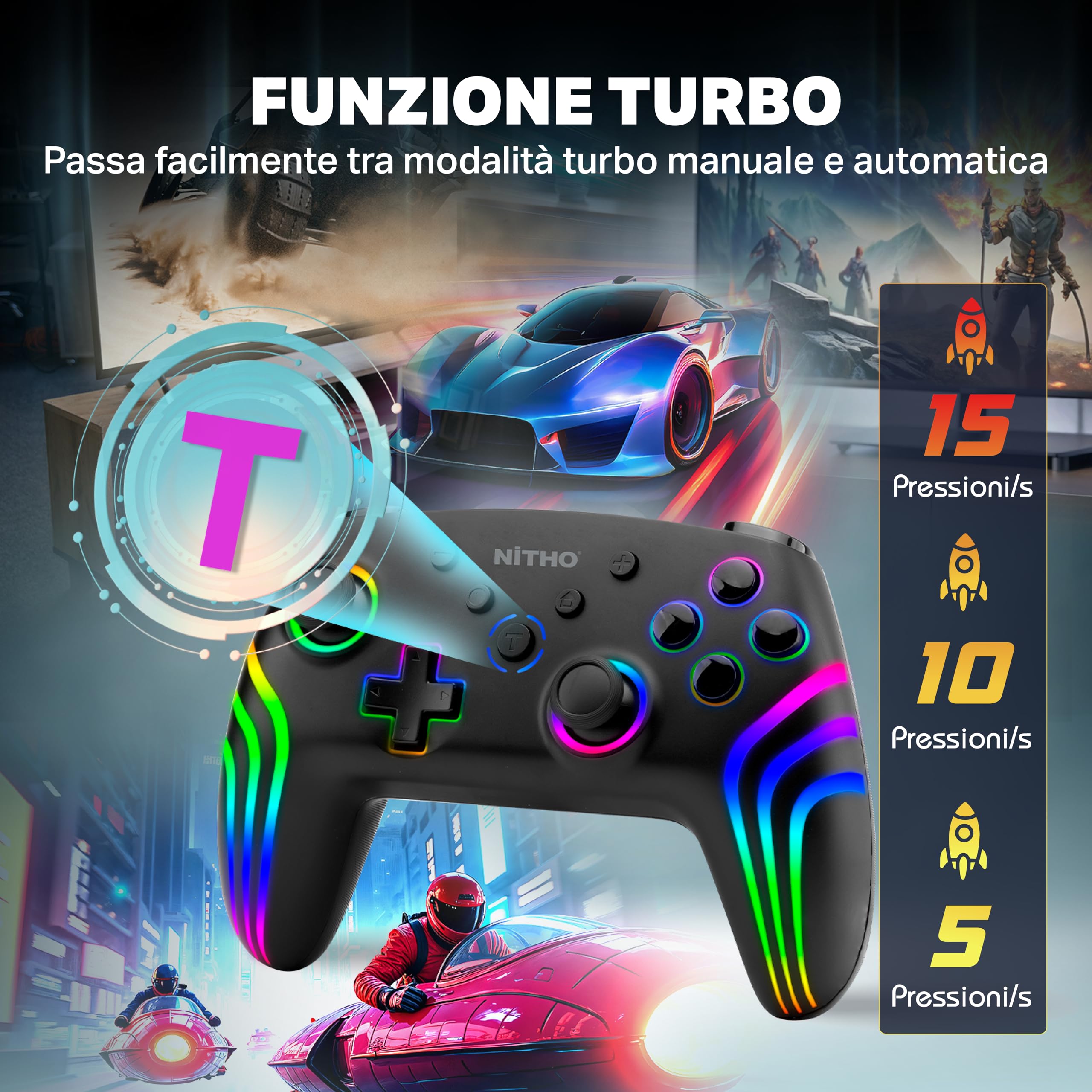NITHO NEXUS DARK OPS Wireless Controller Compatibile con Switch/Switch 2/PC/Android/iOS, Gamepad con LED RGB, Trigger Effetto Hall, Giroscopico a 6 Assi, Turbo, Joystick Ergonomico - Nero