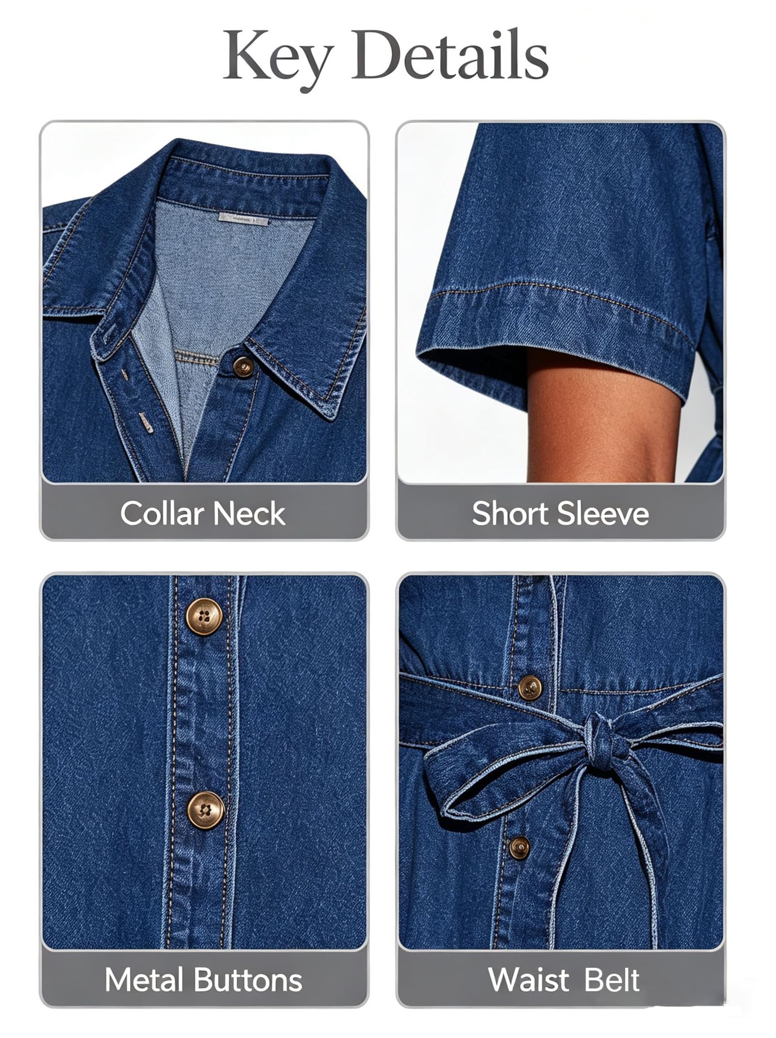 Abito estivo da donna, a maniche corte, con cintura, in denim, con tasche | Abito con scollo a V in jeans con bottoni e cintura, a maniche corte, casual, elegante, con tasche