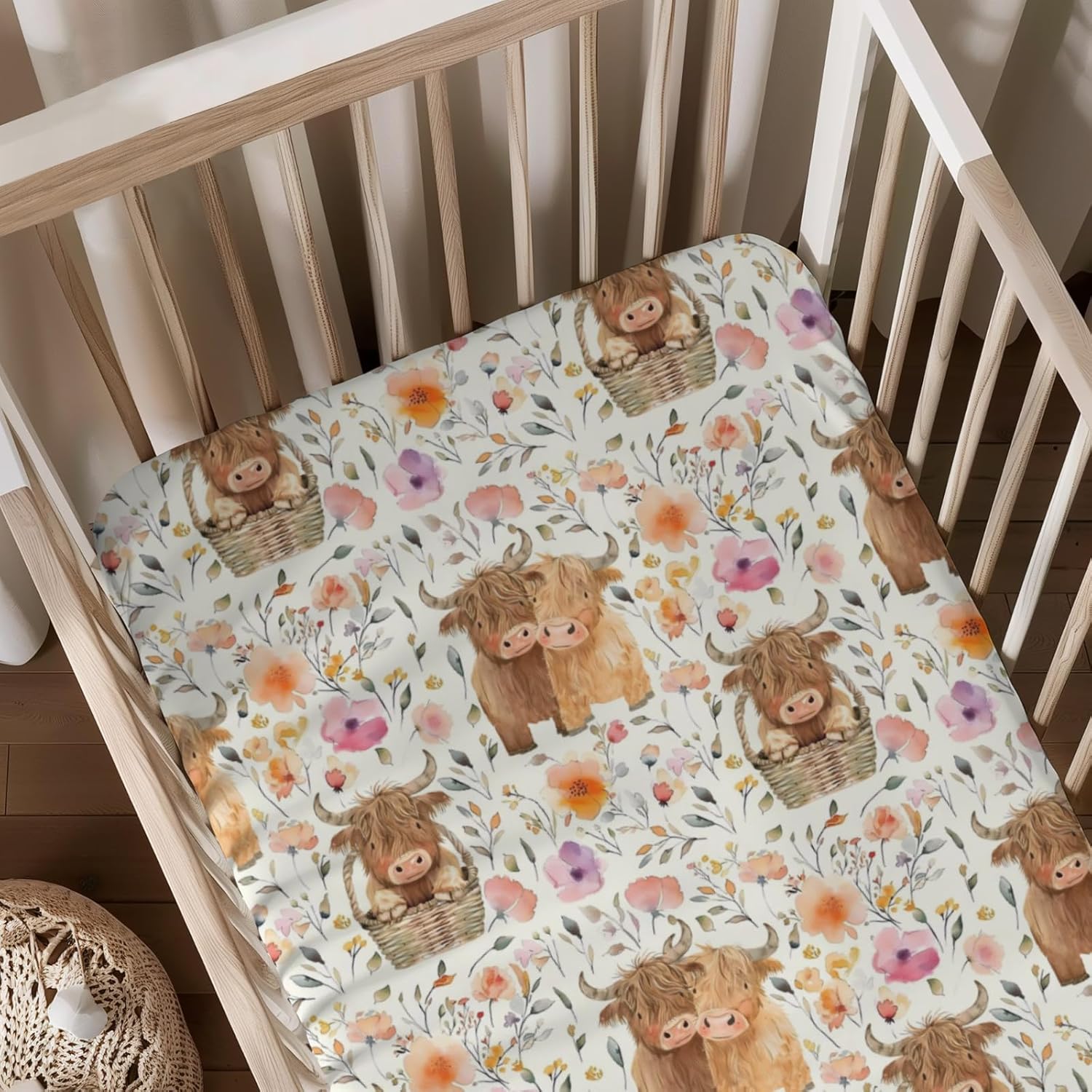 Highland Cow Flowers Floral Pattern Baby Sheets for Crib, Unisex Cute Farm Cows Nursery Fitted Bed Sheet for Boys Girls Standard Crib and Toddler Mattress-28x52