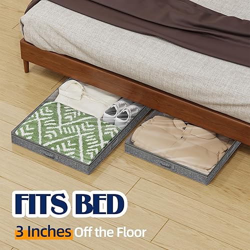 Miniatura 4 de Contenedores de almacenamiento de perfil bajo de 3 pulgadas, sin estructura, organizador de almacenamiento plegable debajo de la cama con tapa y