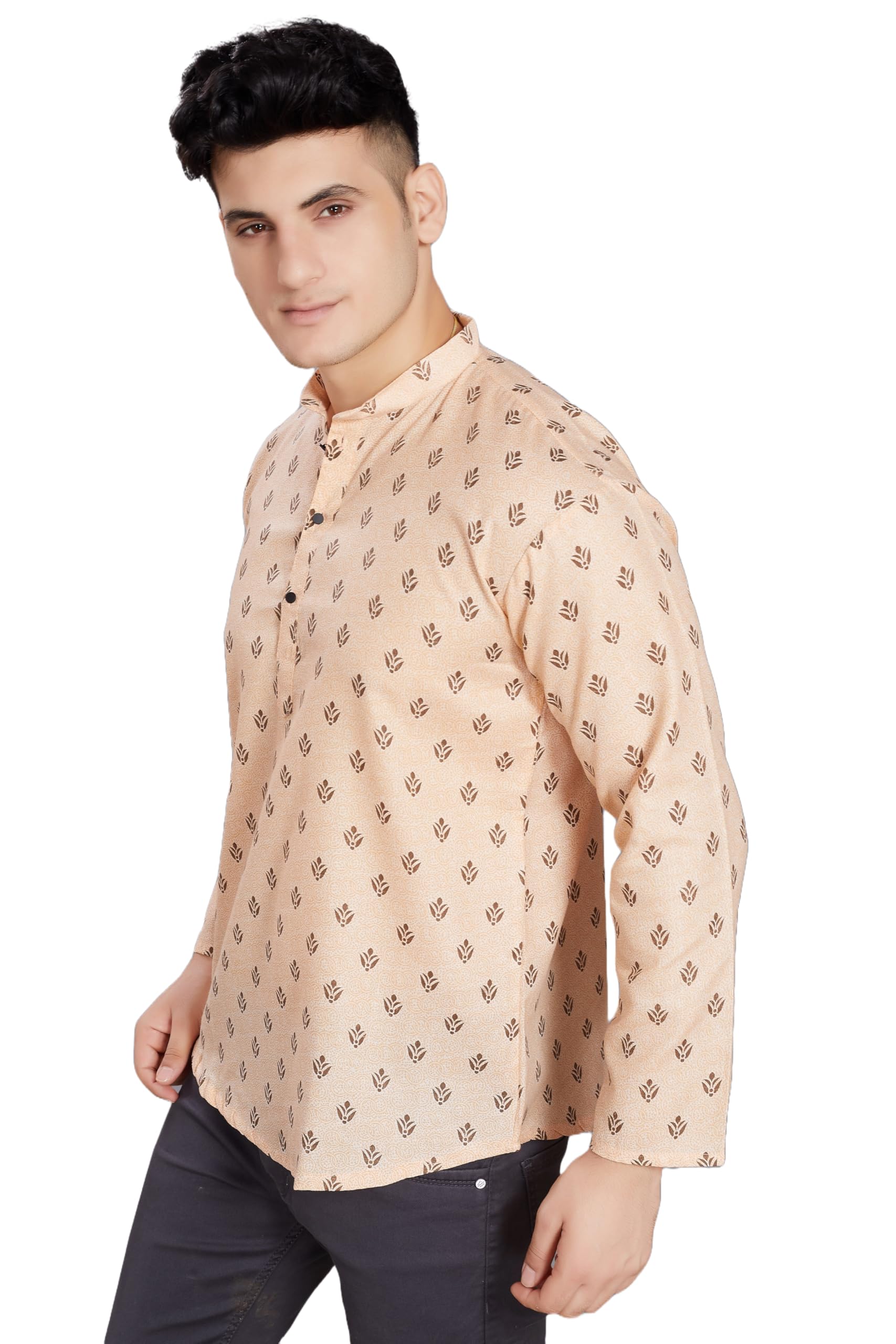 Divisive Men's Pure Cotton Relaxed Fit Printed Short Kurta (Dkrt444_S_Beige)