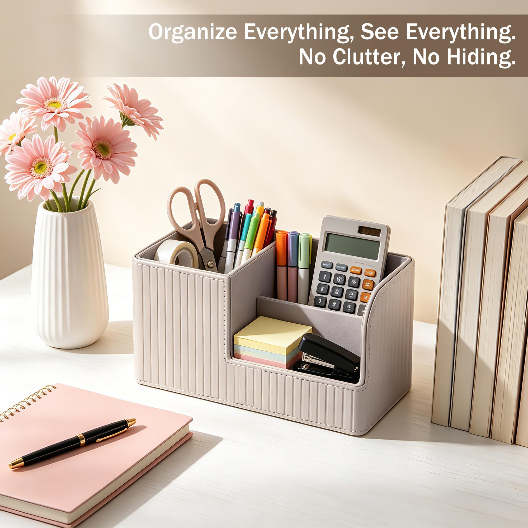 JIANTA Schreibtisch Organizer mit 3 Fächern, Stifte Organizer, PU Leder Stiftehalter Schreibtisch für Handy, Stifte oder Fernbedienung Halterung in Büro, Zuhause, Wohnzimmer - Khaki