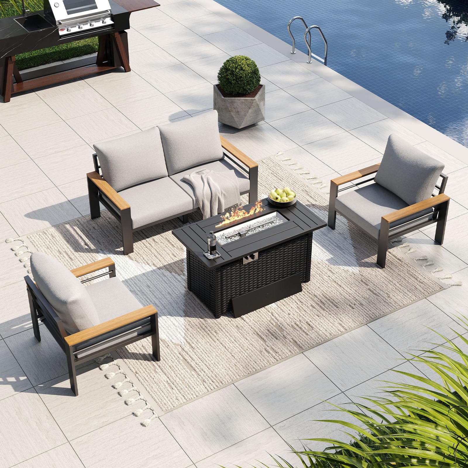 Aoxun Patio Furniture Set, Aluminum Outdoor Furniture with Fire Pit Table