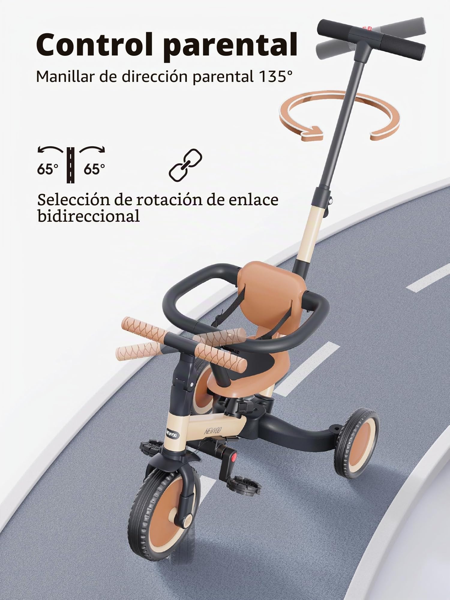 newyoo TR008 Triciclo Evolutivo 5 en 1 para Niños 1-3 Años con Barra de Seguridad y Varilla de Empuje, Regalo de Cumpleaños para Niños y Niñas, Bicicleta de Equilibrio y Juguete Montable, Caqui