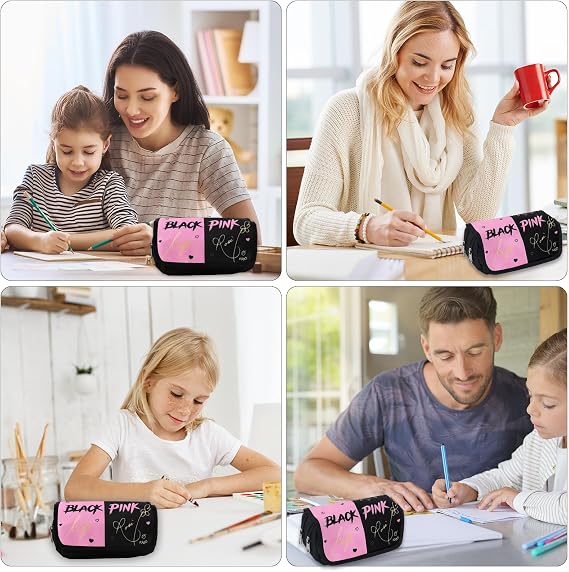 Rosa Blackpink Pencil Case Must-Have Pencil Case for Idol Girls Double Layer Large Capacity Hinged Lid Closure Suitable for Students Office Makeup