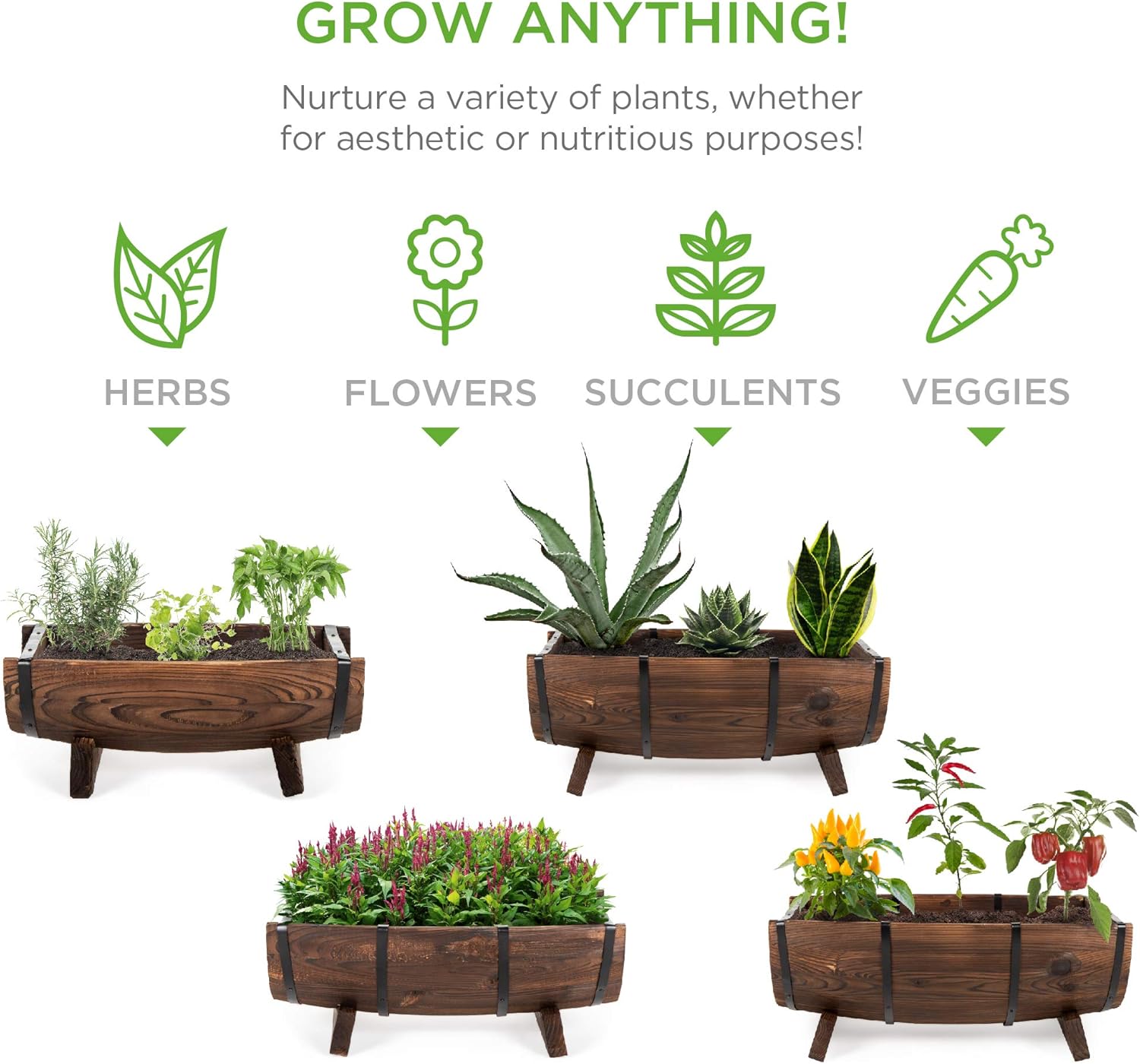Best Choice Products Set of 3 Wooden Half Barrel Garden Planters Set Rustic Decorative Flower Beds for Plants, Herbs, Veggies w/Drainage Holes, Multiple Sizes, Indoor Outdoor Use