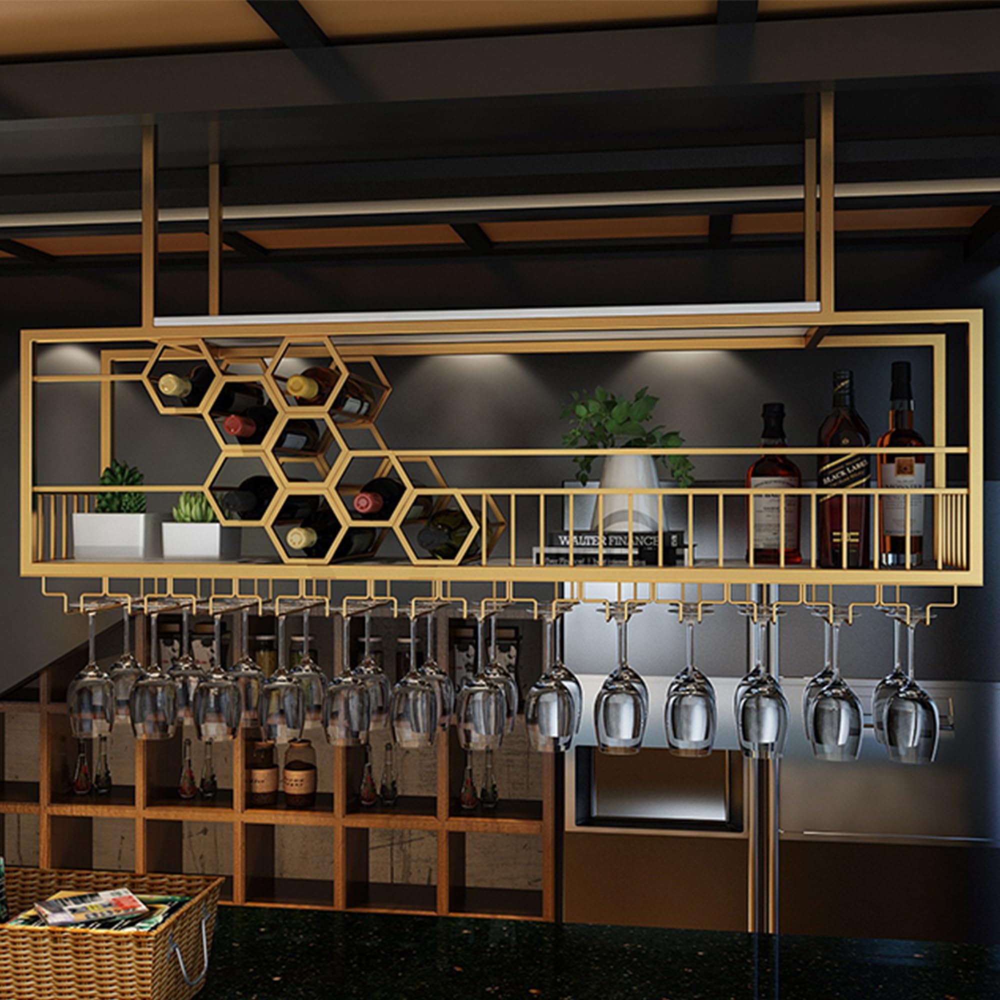 Étagère de bar flottante pour bouteilles d'alcool et verres suspendus